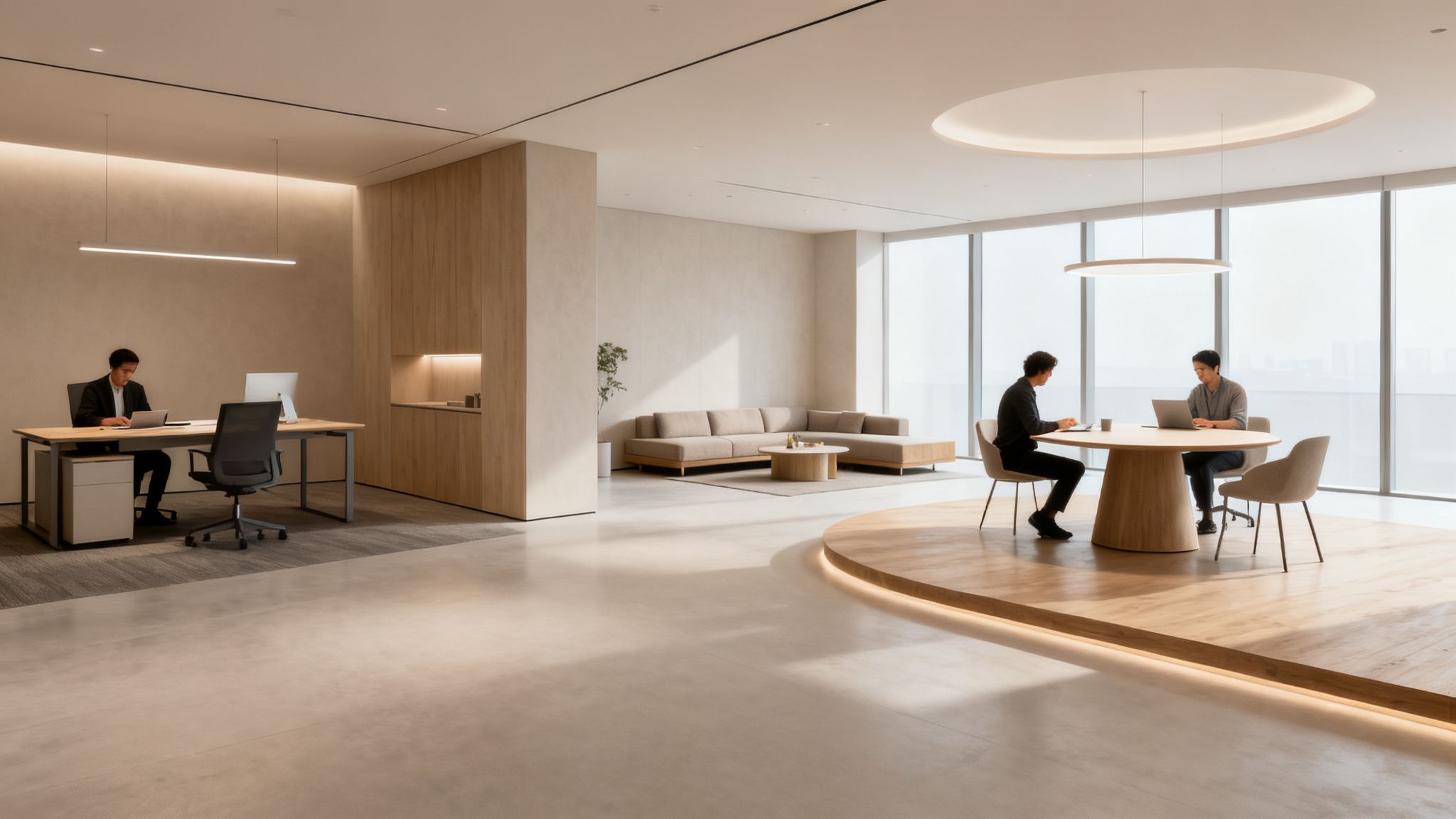 A sleek, modern open-plan office space featuring individual workstations, a collaborative table, and a comfortable lounge area.