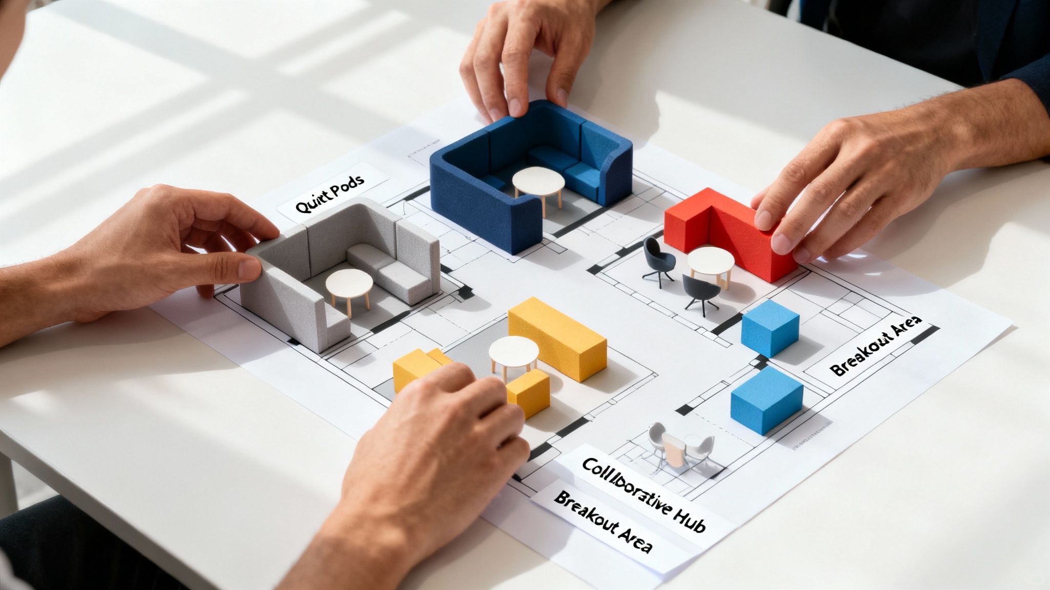 Three people collaborate on a blueprint, arranging miniature furniture models to design an office space.