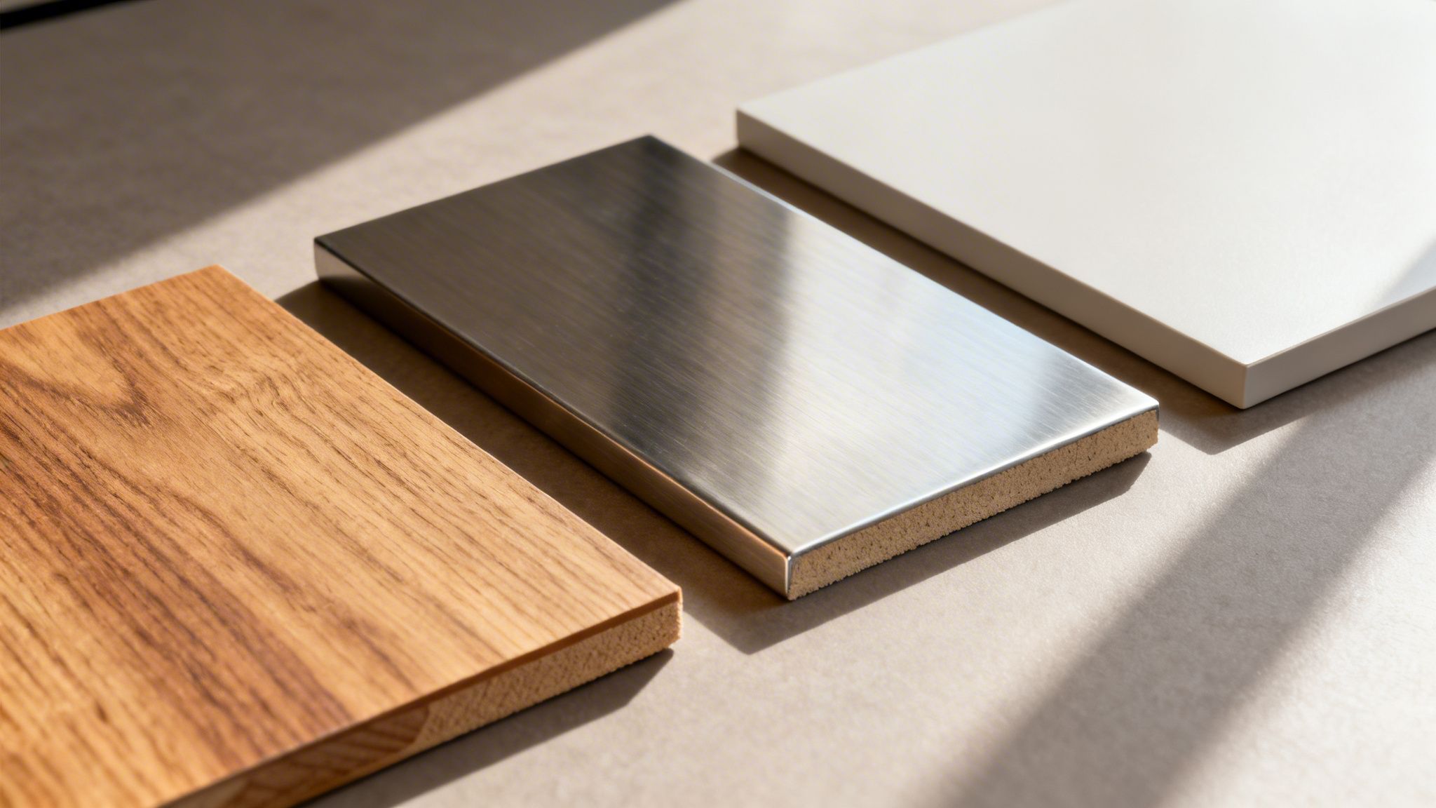 Three samples of cabinet materials: natural wood, brushed metal, and matte white, with shadows.