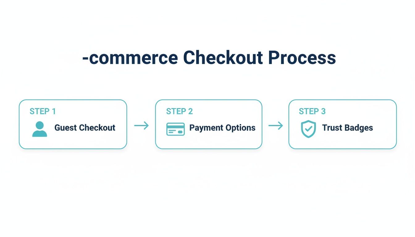 A visual guide illustrating the 3-step e-commerce checkout process: Guest Checkout, Payment Options, and Trust Badges.