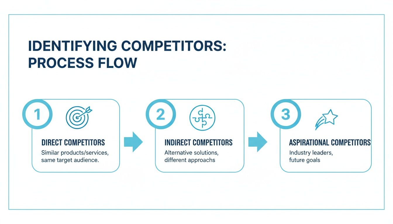 Process flow outlining three competitor types: direct, indirect, and aspirational, for business analysis.