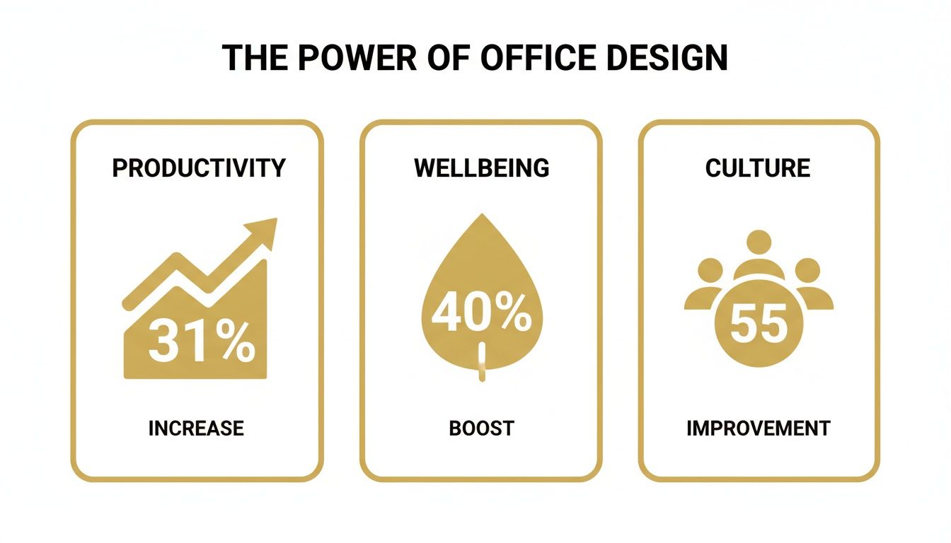 Infographic showing how office design increases productivity by 31%, boosts wellbeing by 40%, and improves culture by 55.