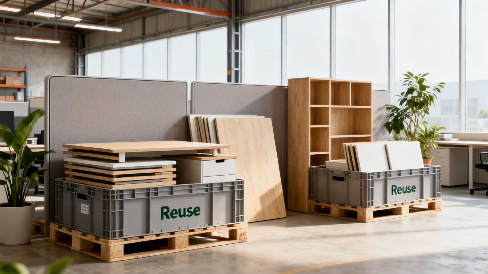 Modular office furniture components, including tabletops and shelves, stacked in 'Reuse' crates in an office-warehouse setting.