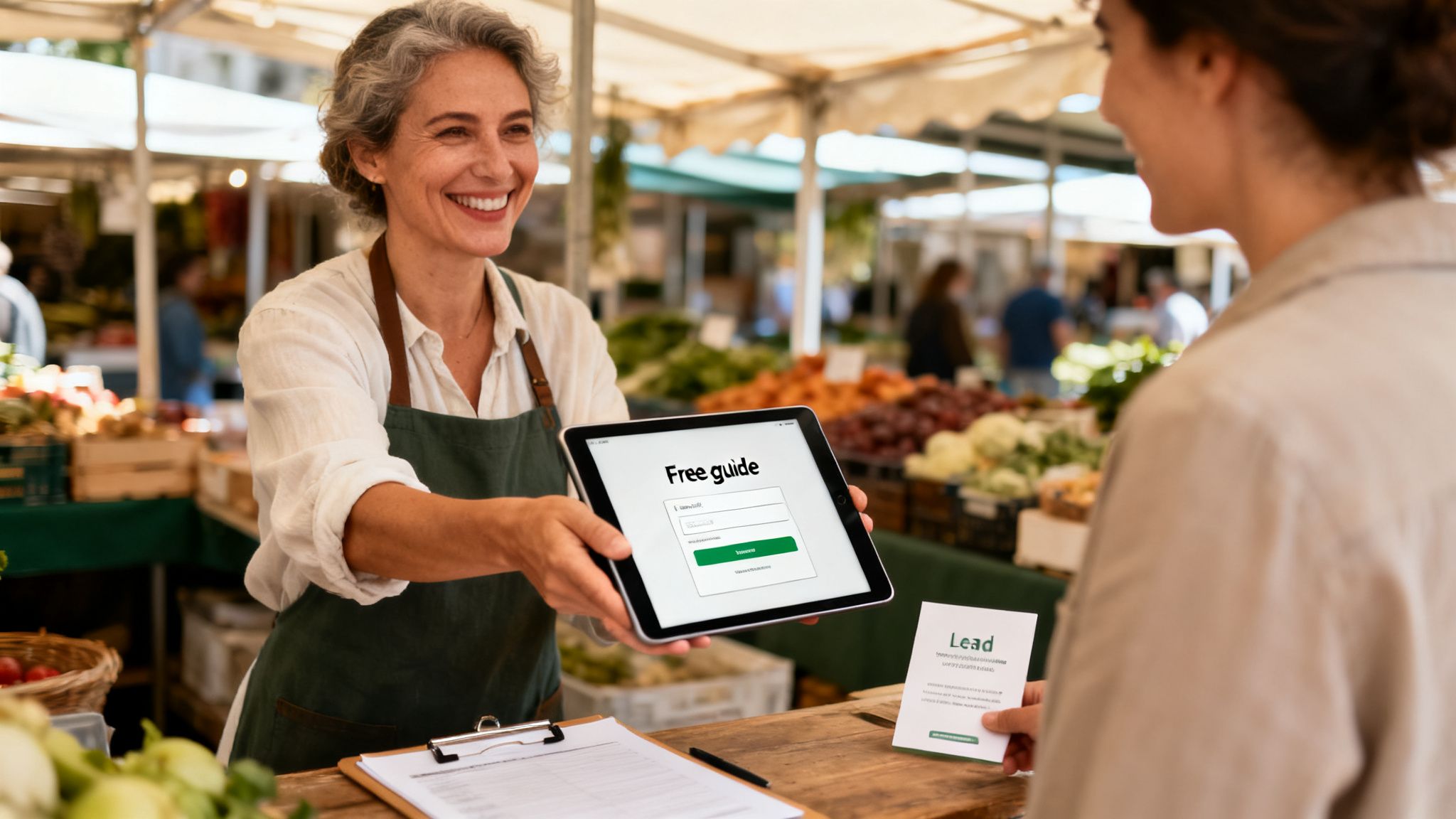 Smiling market vendor uses a tablet to collect customer emails for a free guide, showing lead generation.