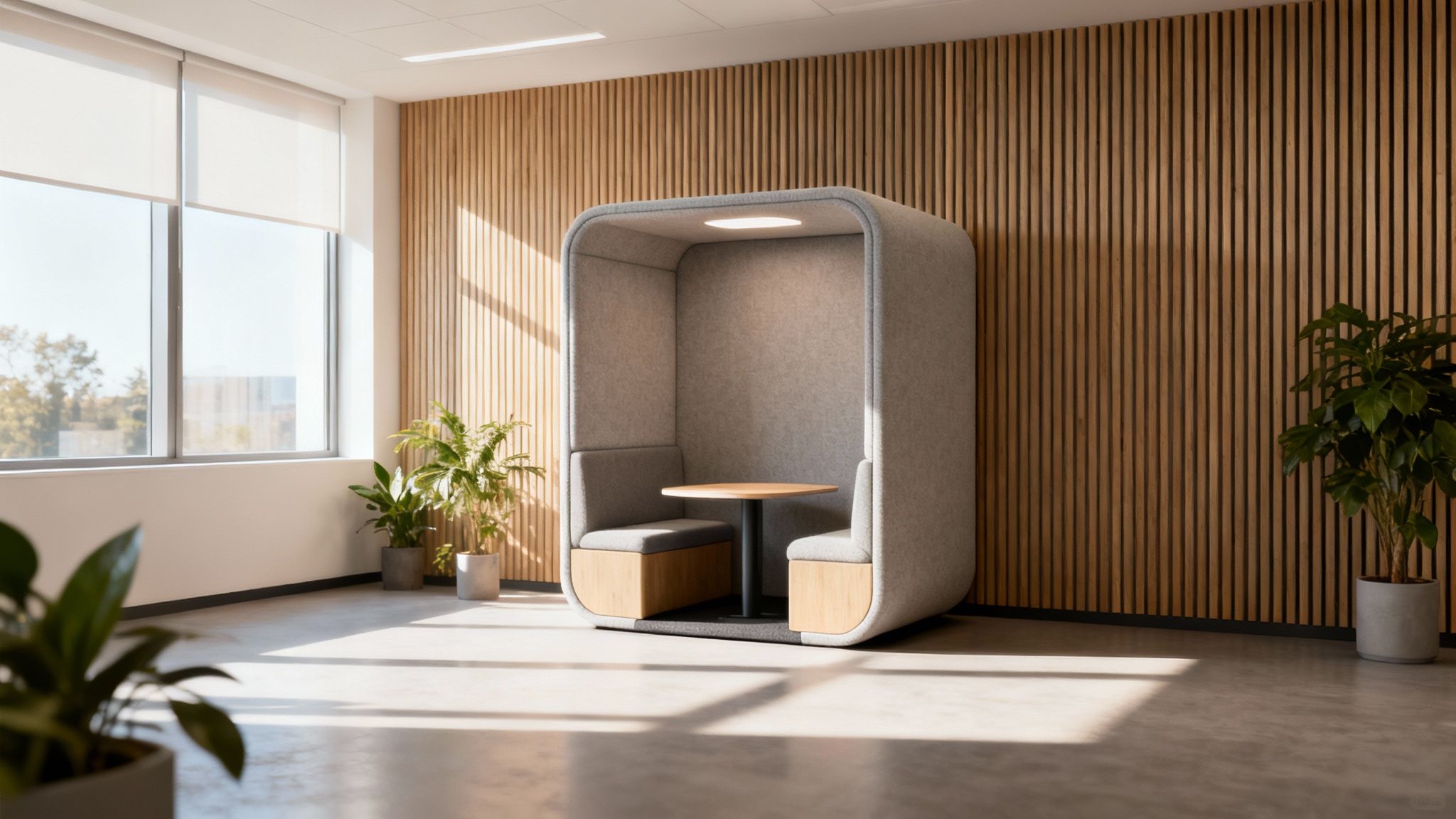 Modern office private booth with a table, surrounded by plants and a wooden slat wall.