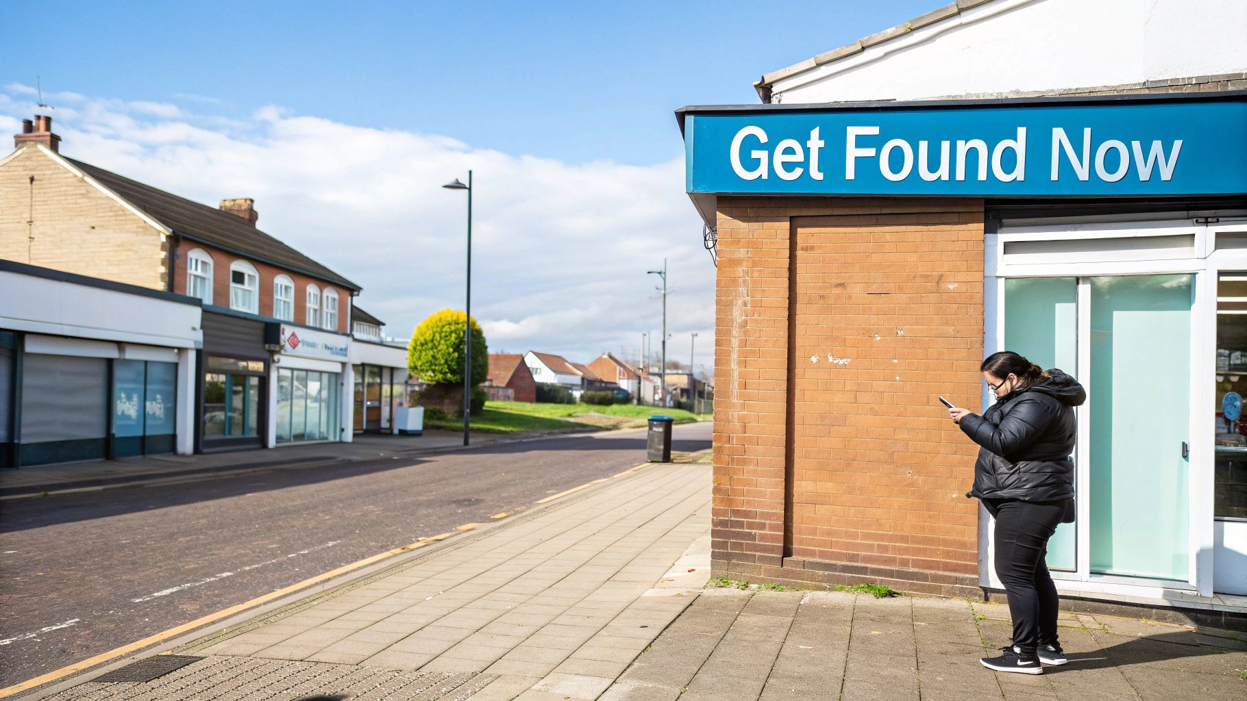 A woman checks her phone on a sunny street next to a building with a 'Get Found Now' sign.