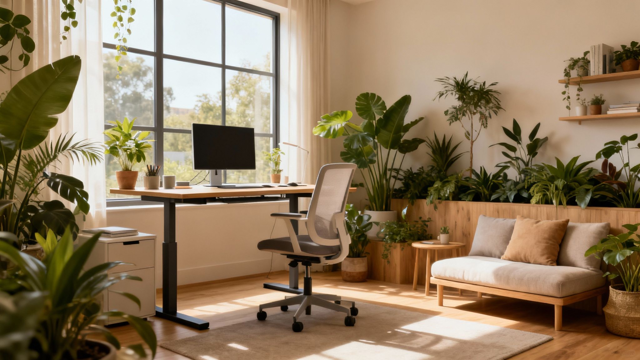 A modern, biophilic home office with a computer desk, ergonomic chair, and a plant-filled seating area.