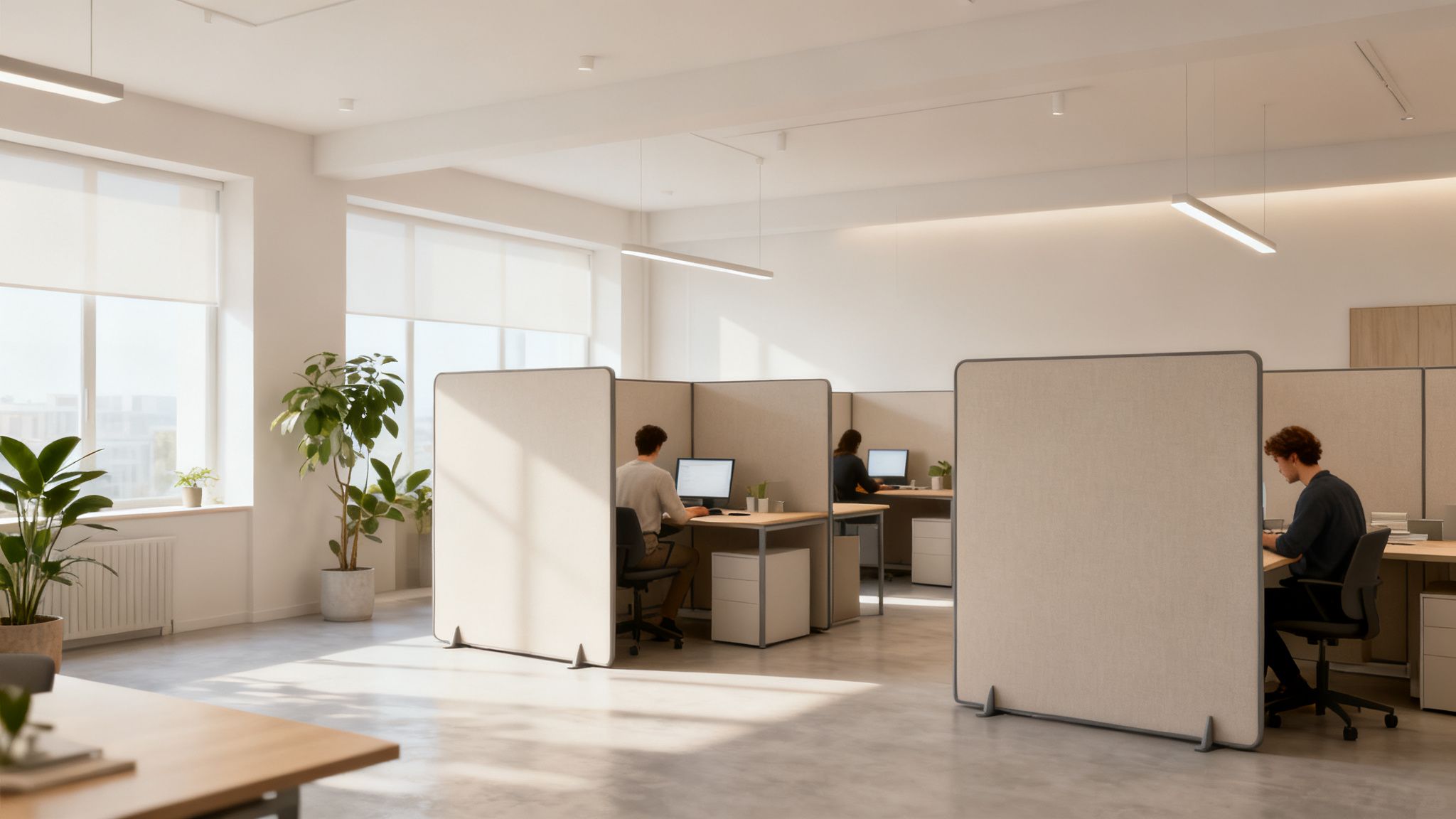A modern open-plan office with beige divider screens, several workstations, and people working at computers.