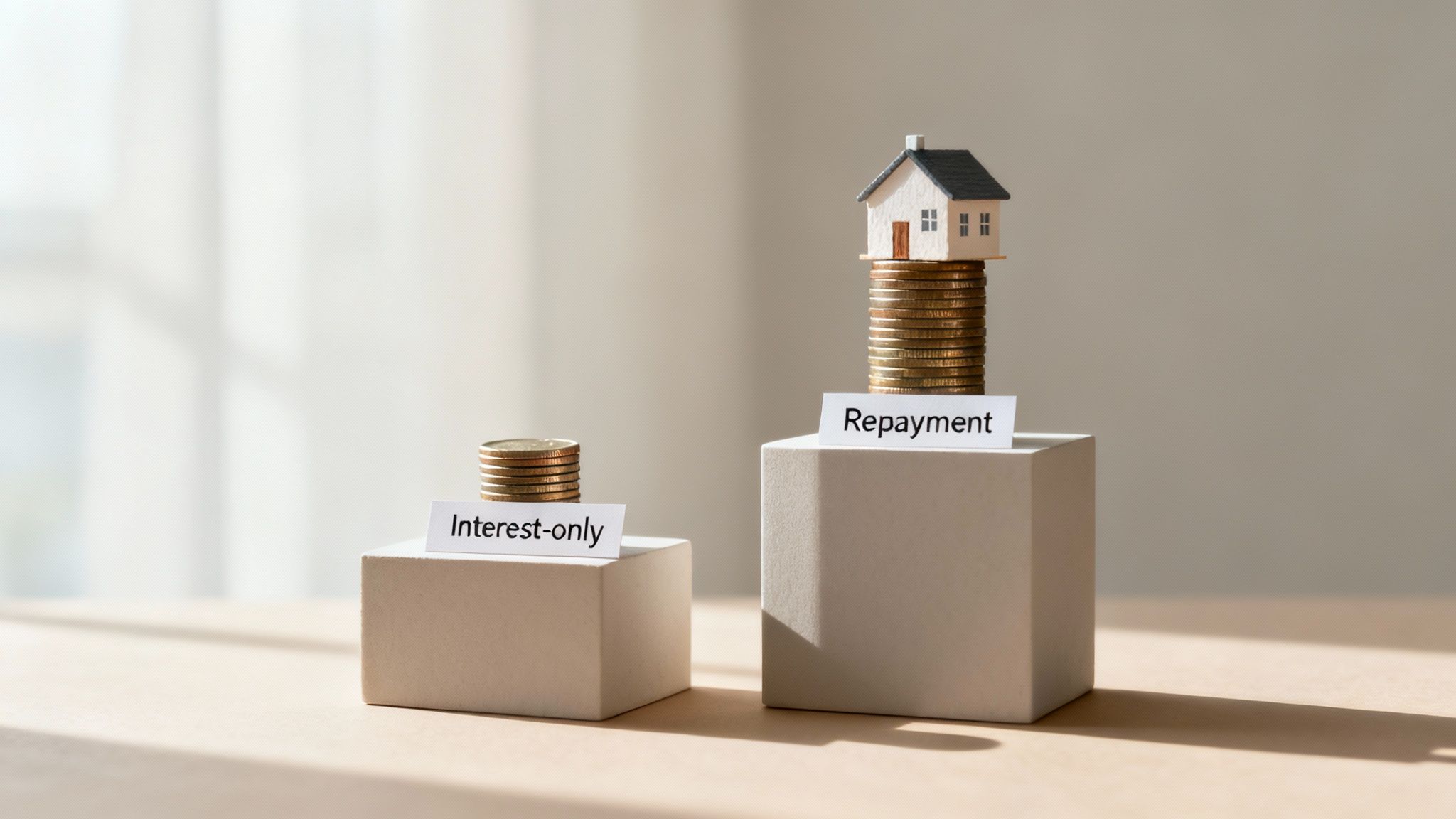 A visual comparison of interest-only and repayment mortgages using coin stacks and a model house.