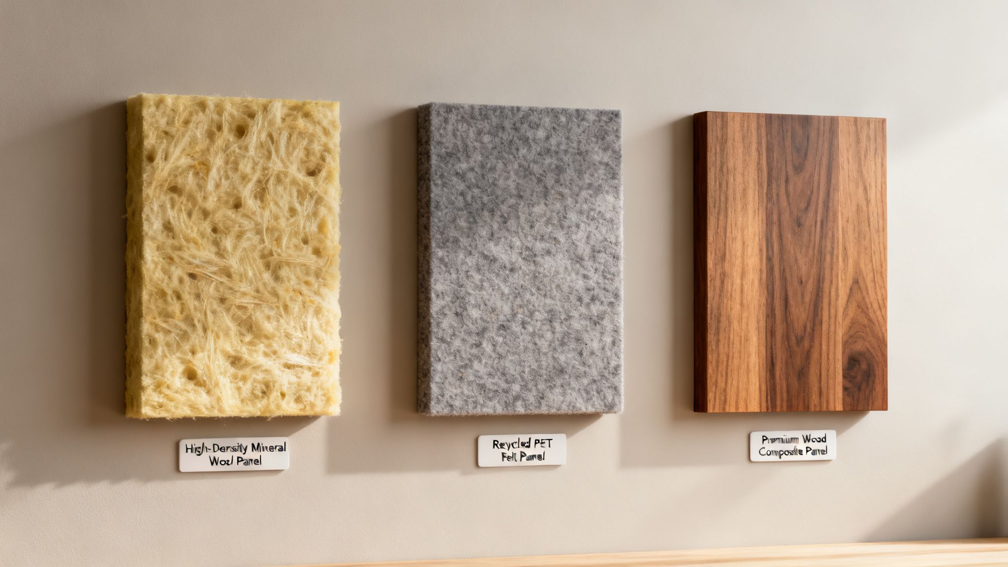 Three soundproofing panels: high-density mineral wool, recycled felt, and premium wood composite, displayed on a wall.