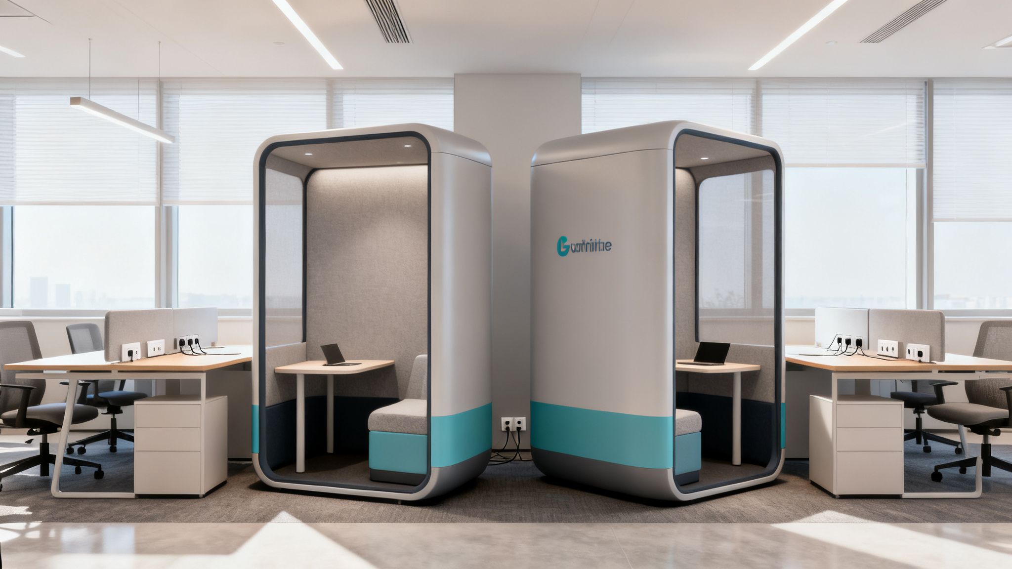 Contemporary office space featuring two enclosed soundproof phone booths and open desk areas.