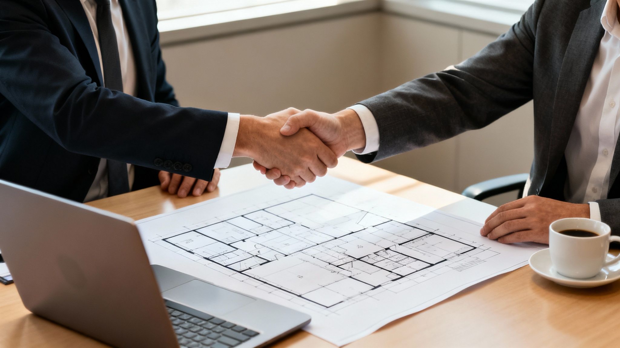 Two businessmen shaking hands over architectural plans, a laptop, and coffee on a wooden desk.
