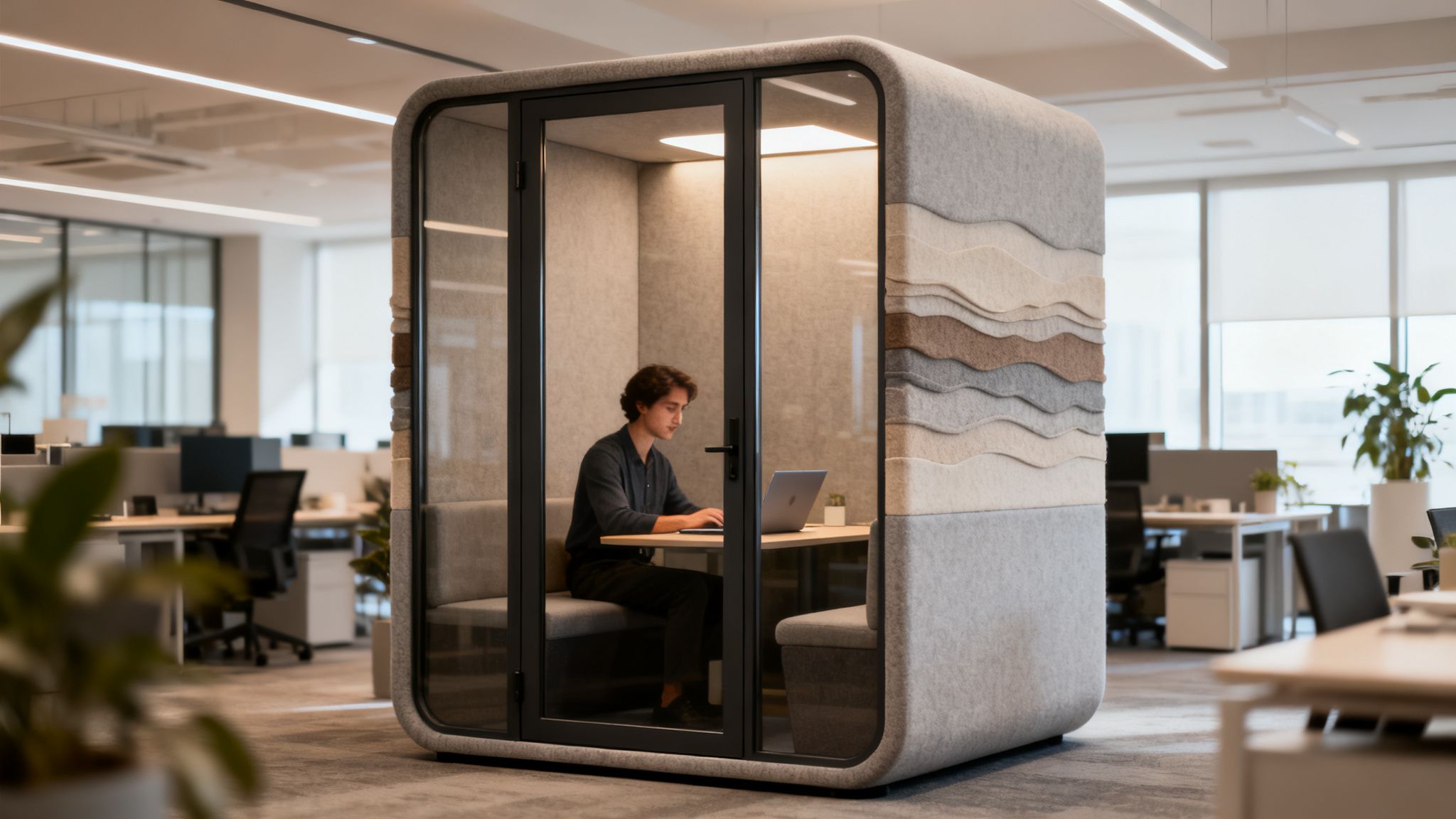 Young professional working on a laptop in a stylish soundproof office pod within a modern office.