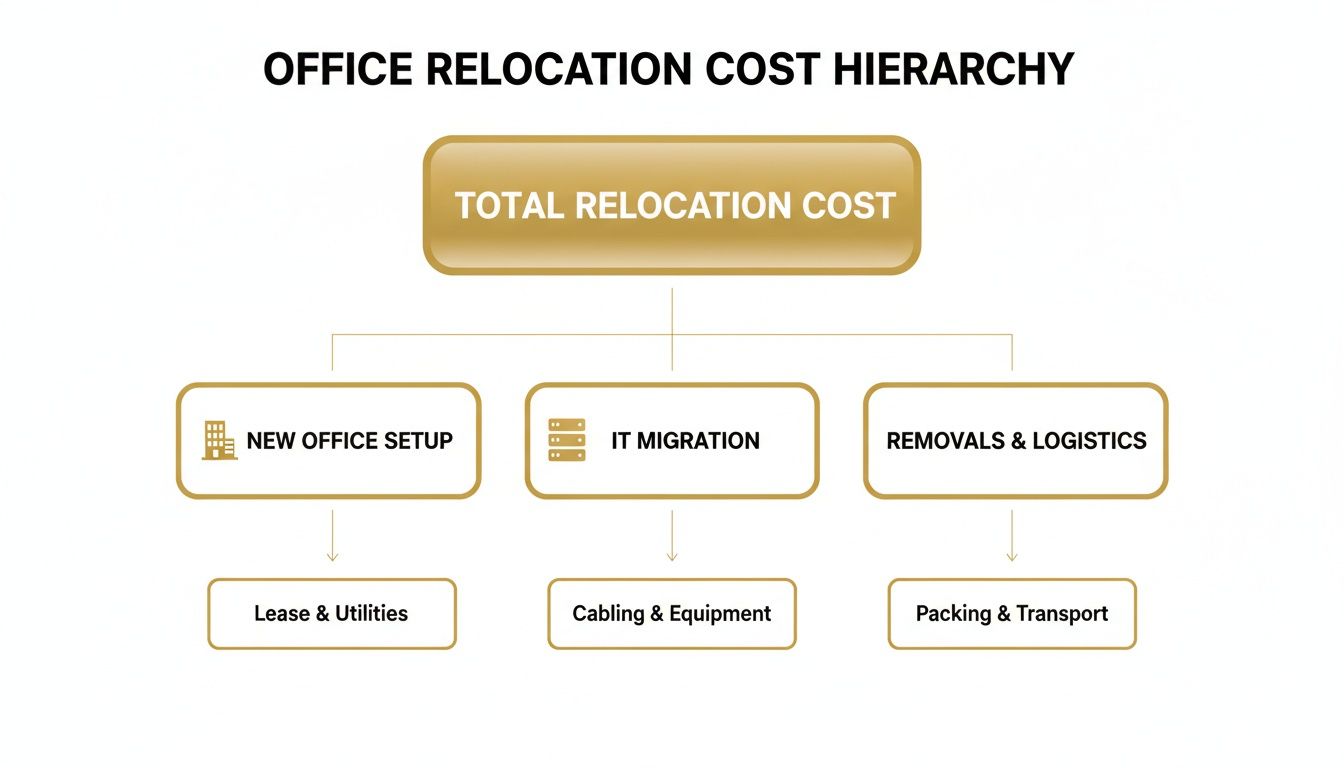 A hierarchical diagram illustrating the breakdown of total office relocation costs into key categories and sub-expenses.