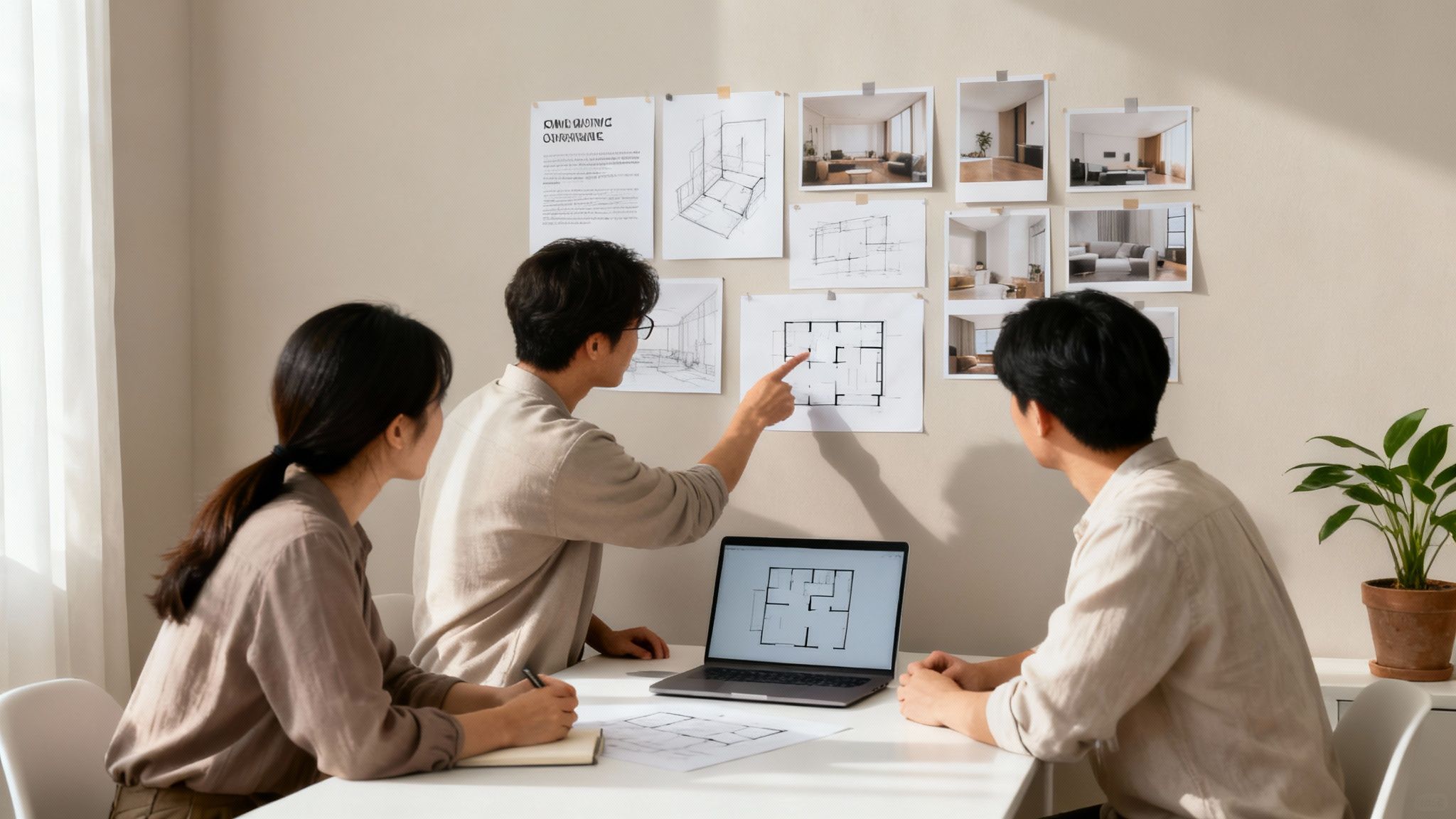 Three designers collaborate on office space plans, reviewing blueprints and interior design photos on a wall.
