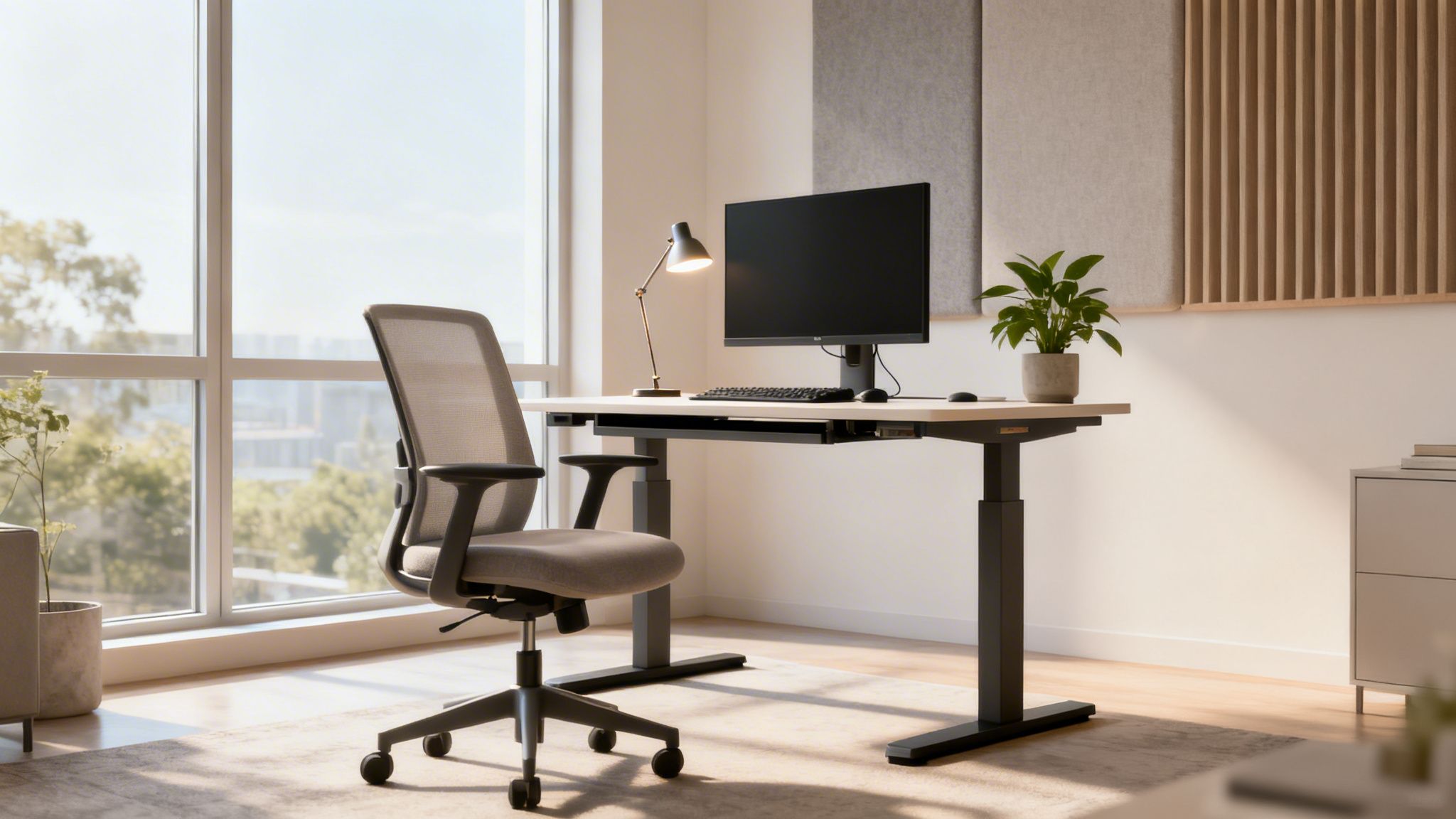 A modern, sunlit home office featuring a gray ergonomic chair, a light wood standing desk, and a computer setup.
