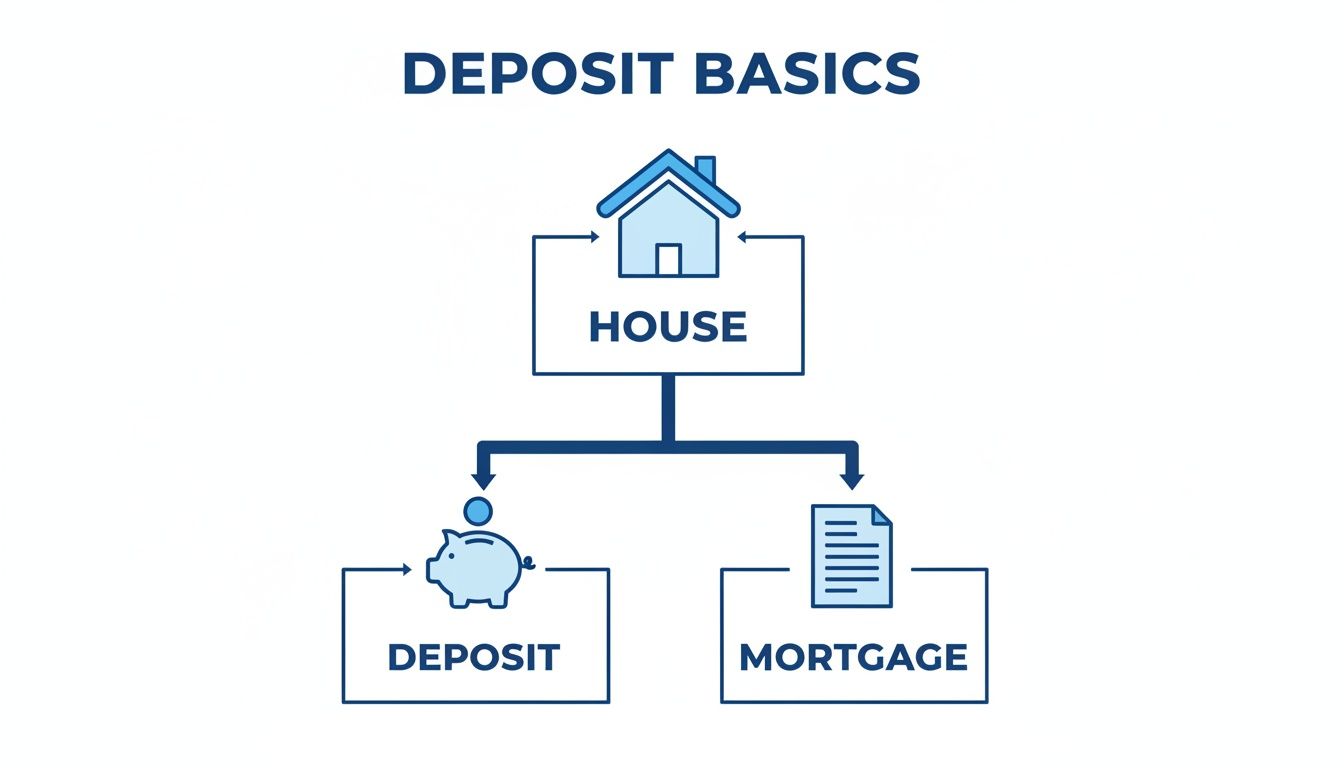 Diagram illustrating the basics of a house deposit, showing its relation to a house and mortgage.