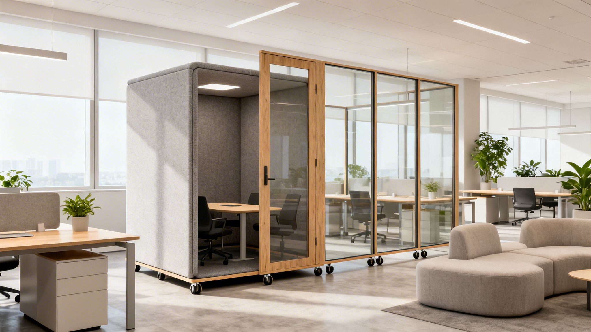 Bright, modern open-plan office featuring a movable soundproof pod, glass walls, and comfortable lounge seating.