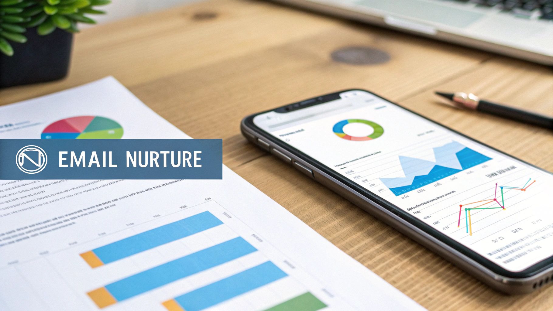Desk with business documents, a smartphone displaying charts, and an 'EMAIL NURTURE' banner.