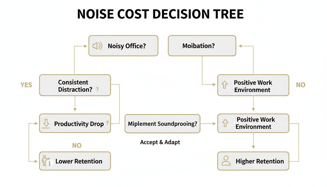 Decision tree illustrating the impact of office noise on productivity, employee retention, and soundproofing solutions.