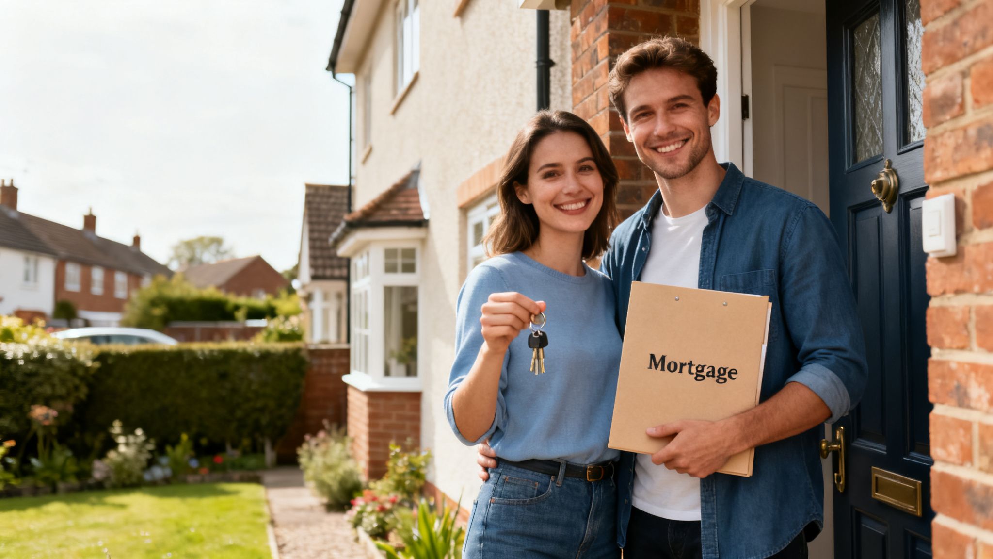 A happy couple stands outside their new home, the woman holding keys and the man holding a 'Mortgage' folder.
