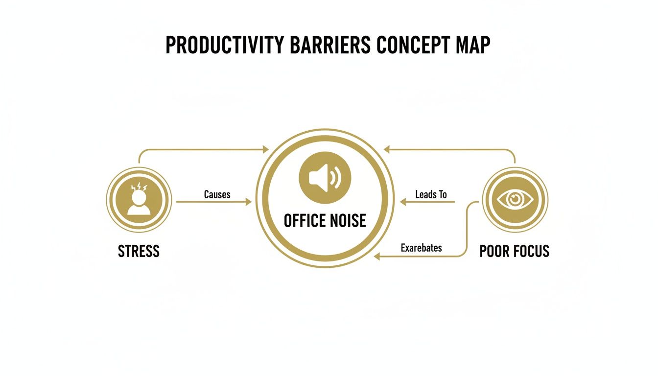 A concept map illustrating office noise as a barrier to productivity, causing stress and poor focus.
