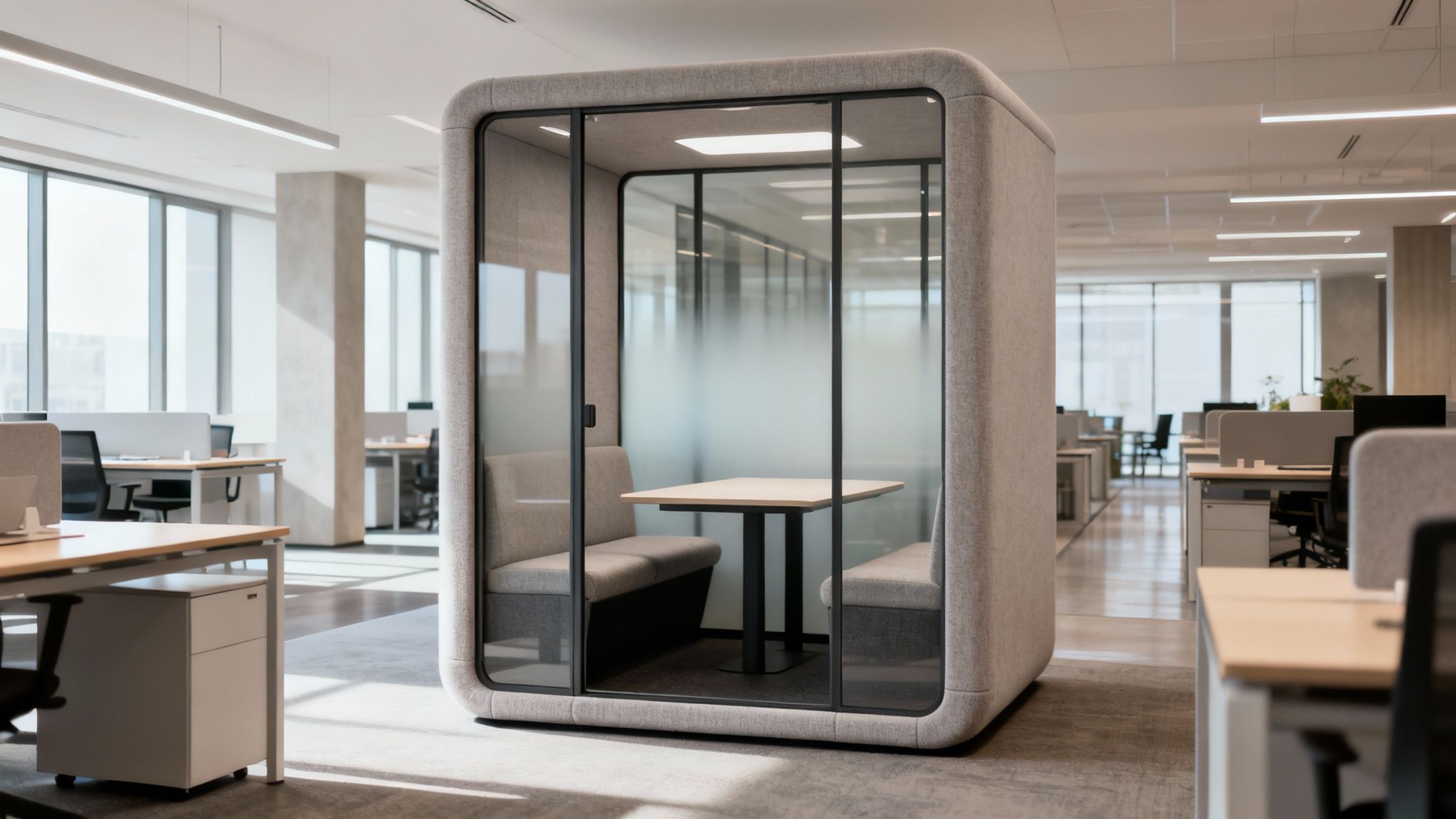 View of a modern open-plan office featuring a private soundproof pod, workstations, and natural light.