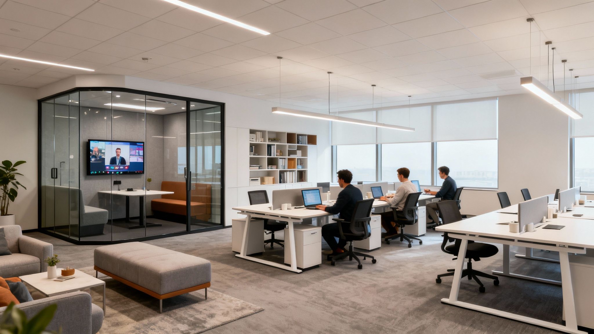 Modern open-plan office space with employees working at desks, a glass meeting room, and lounge area.
