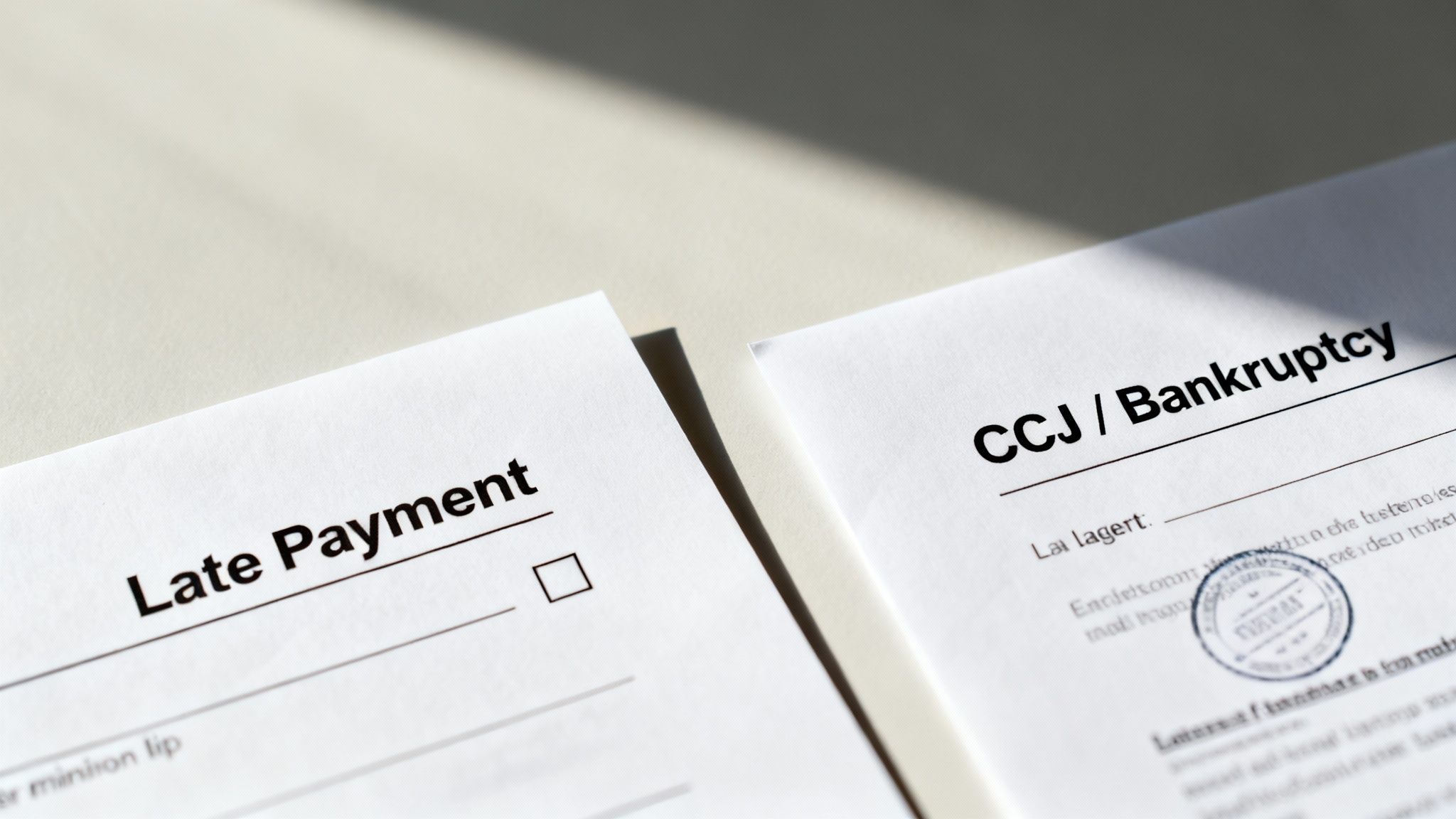 Two white documents on a light surface, one titled 'Late Payment' and the other 'CCJ / Bankruptcy', indicating financial issues.
