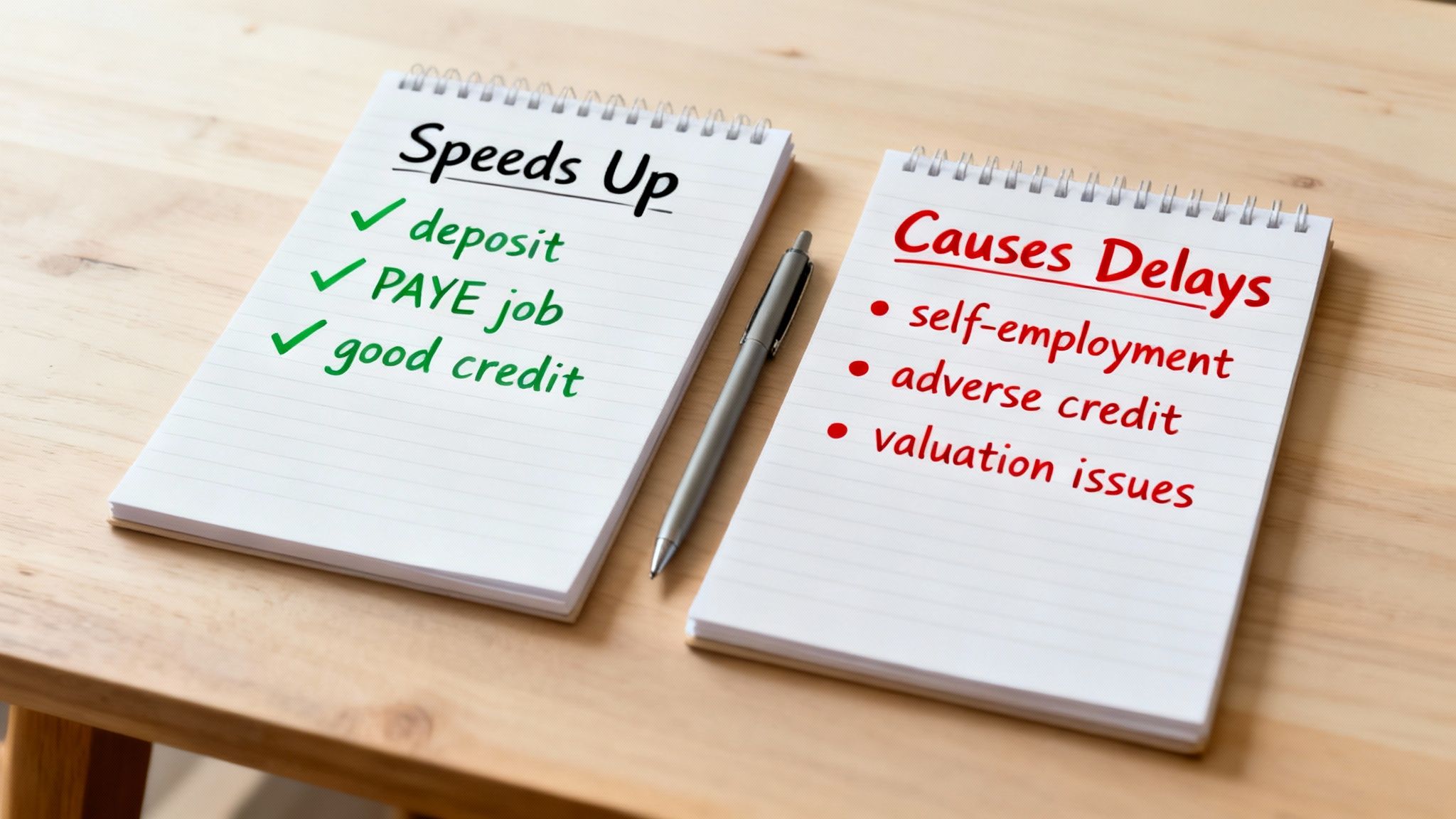 Notebooks show factors that speed up (deposit, good credit) and delay (adverse credit, valuation) financial applications.