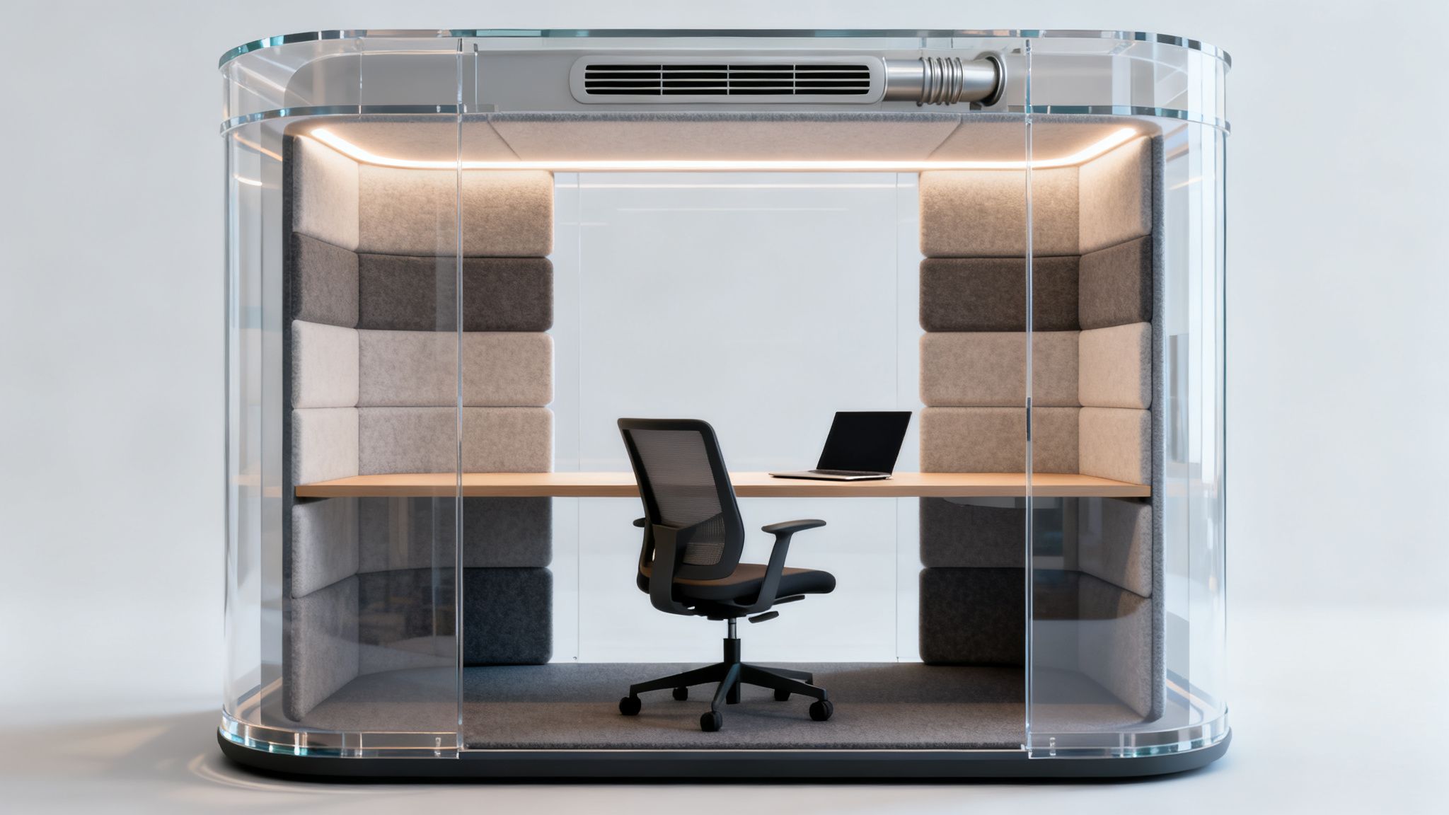 A stylish glass office pod with a wooden desk, black chair, and laptop for focused work.