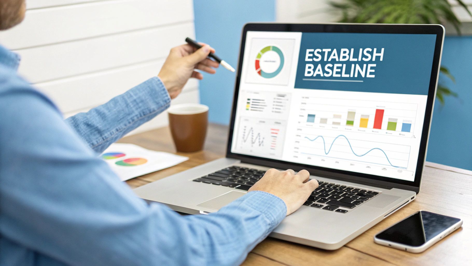A person analyzing data visualizations and charts on a laptop screen with 'ESTABLISH BASELINE' text.