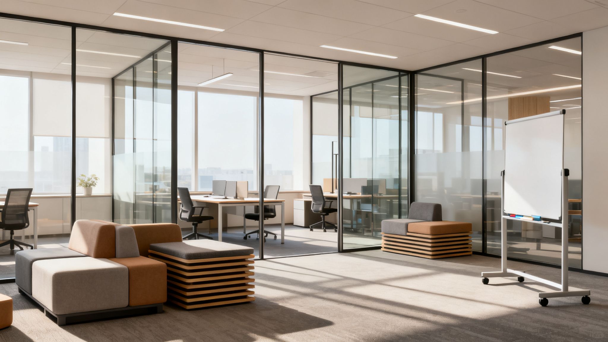 Modern office interior with glass walls, collaborative seating, desks, and a whiteboard, promoting an open workspace.