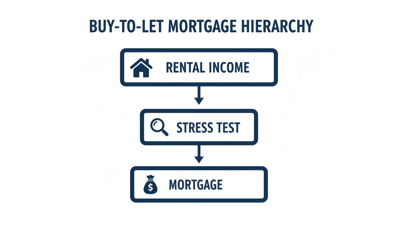 A diagram outlining the buy-to-let mortgage hierarchy: Rental Income, followed by a Stress Test, then the Mortgage.