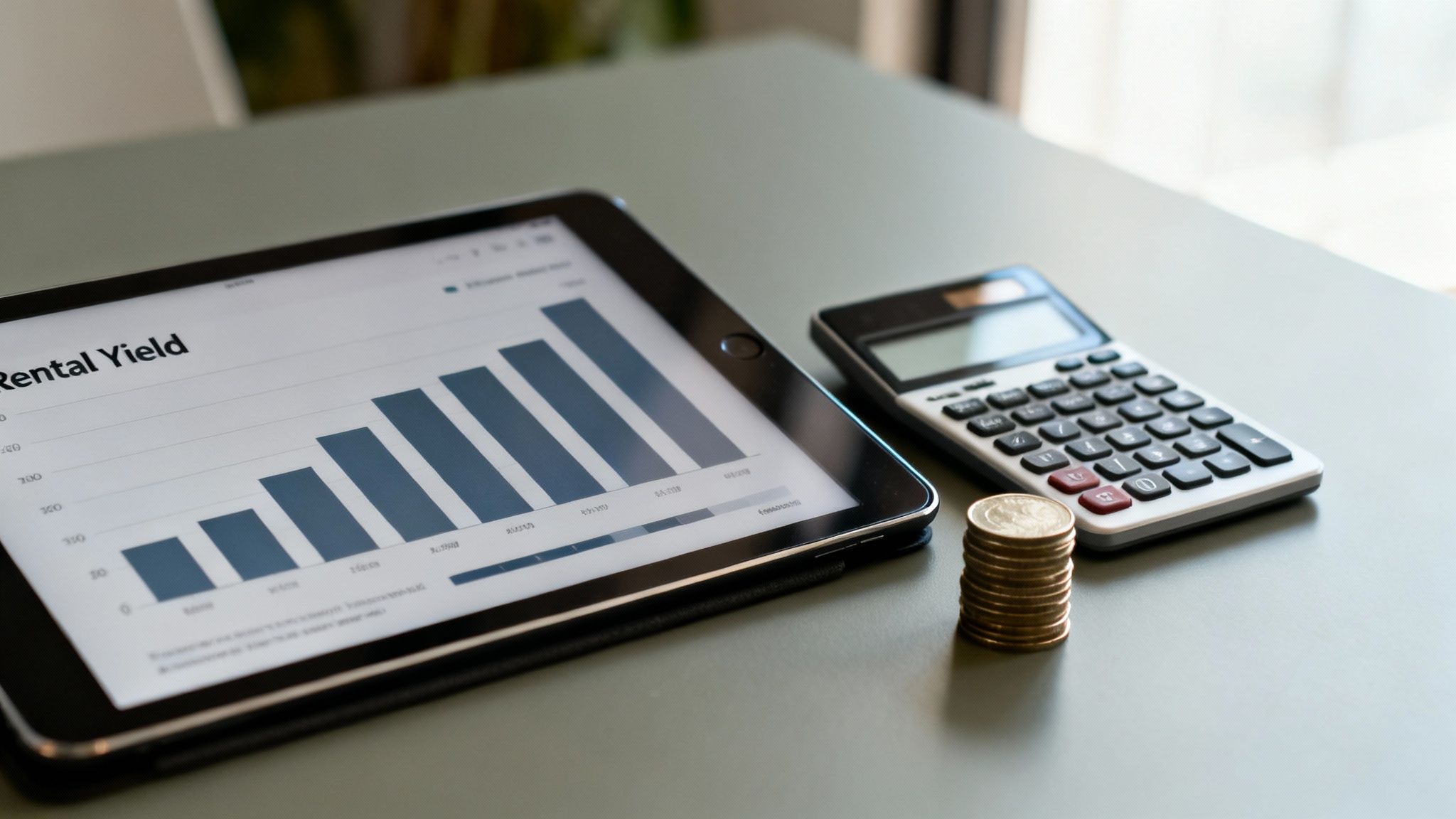 A tablet displaying a 'Rental Yield' bar graph alongside a calculator and stack of coins.
