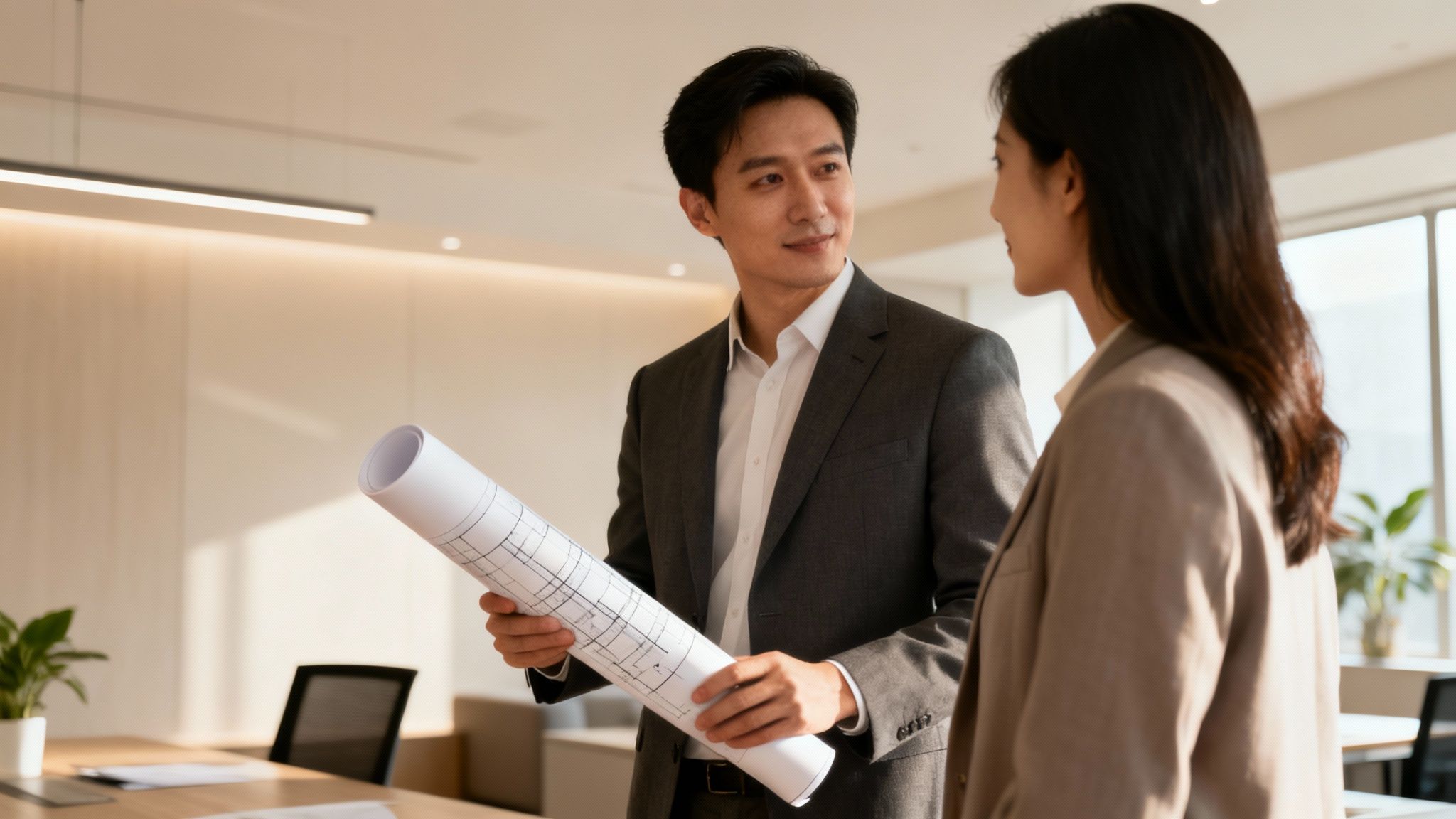 Two Asian professionals discussing rolled architectural plans in a modern, well-lit office environment.