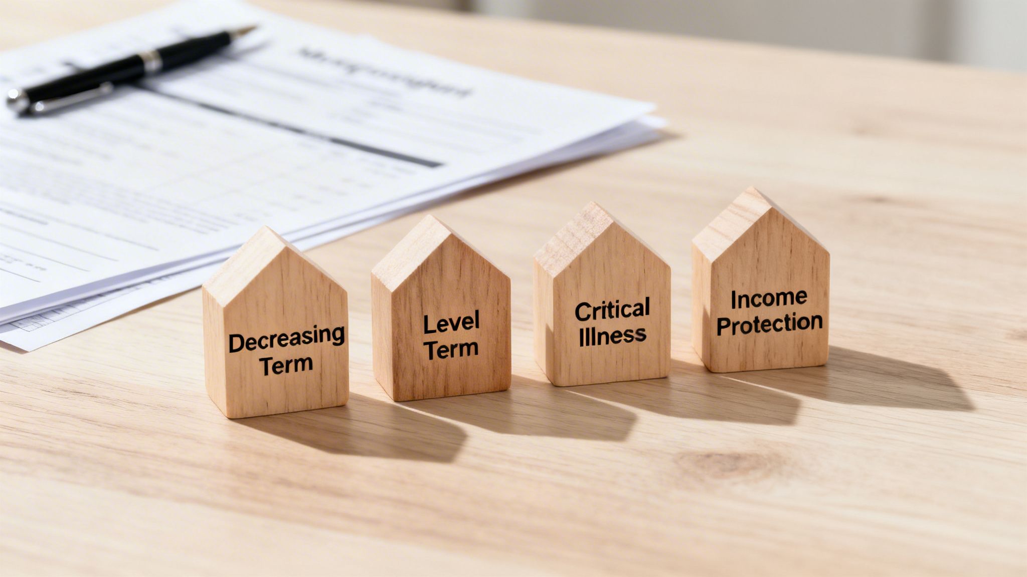 Four wooden house blocks displaying 'Decreasing Term', 'Level Term', 'Critical Illness', and 'Income Protection' with documents.