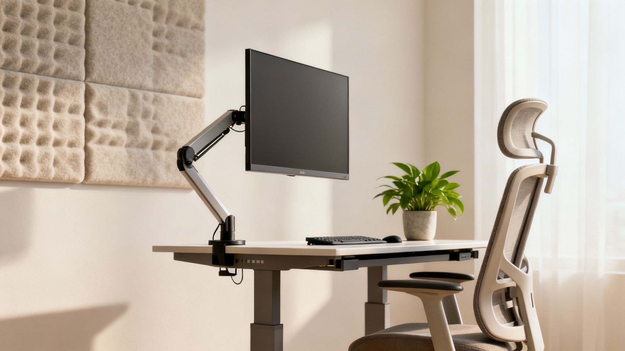 An ergonomic standing desk setup with a monitor on an arm, an office chair, and a potted plant.