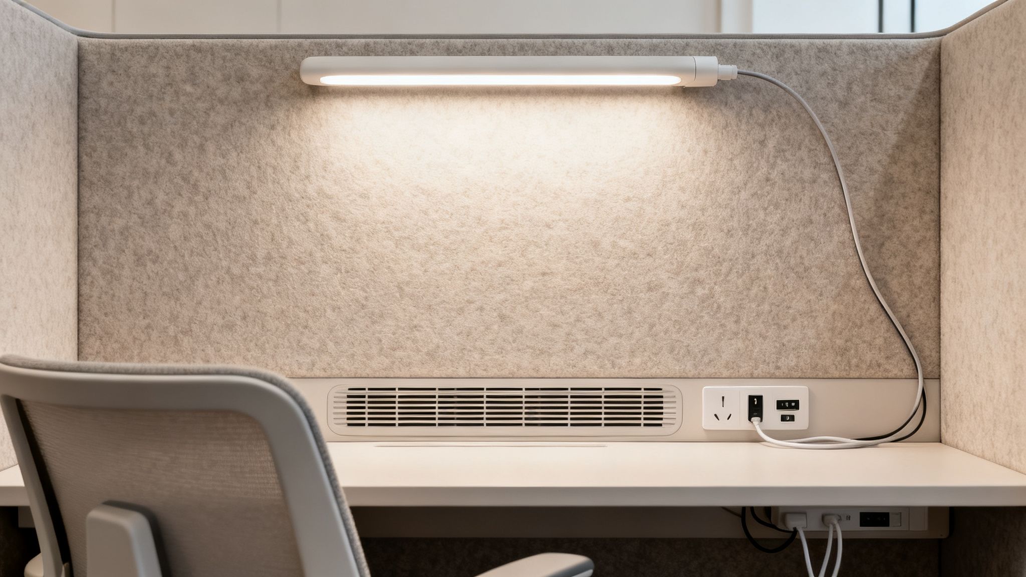 A well-lit, modern home office pod with a desk, lamp, power outlets, and a gray chair.