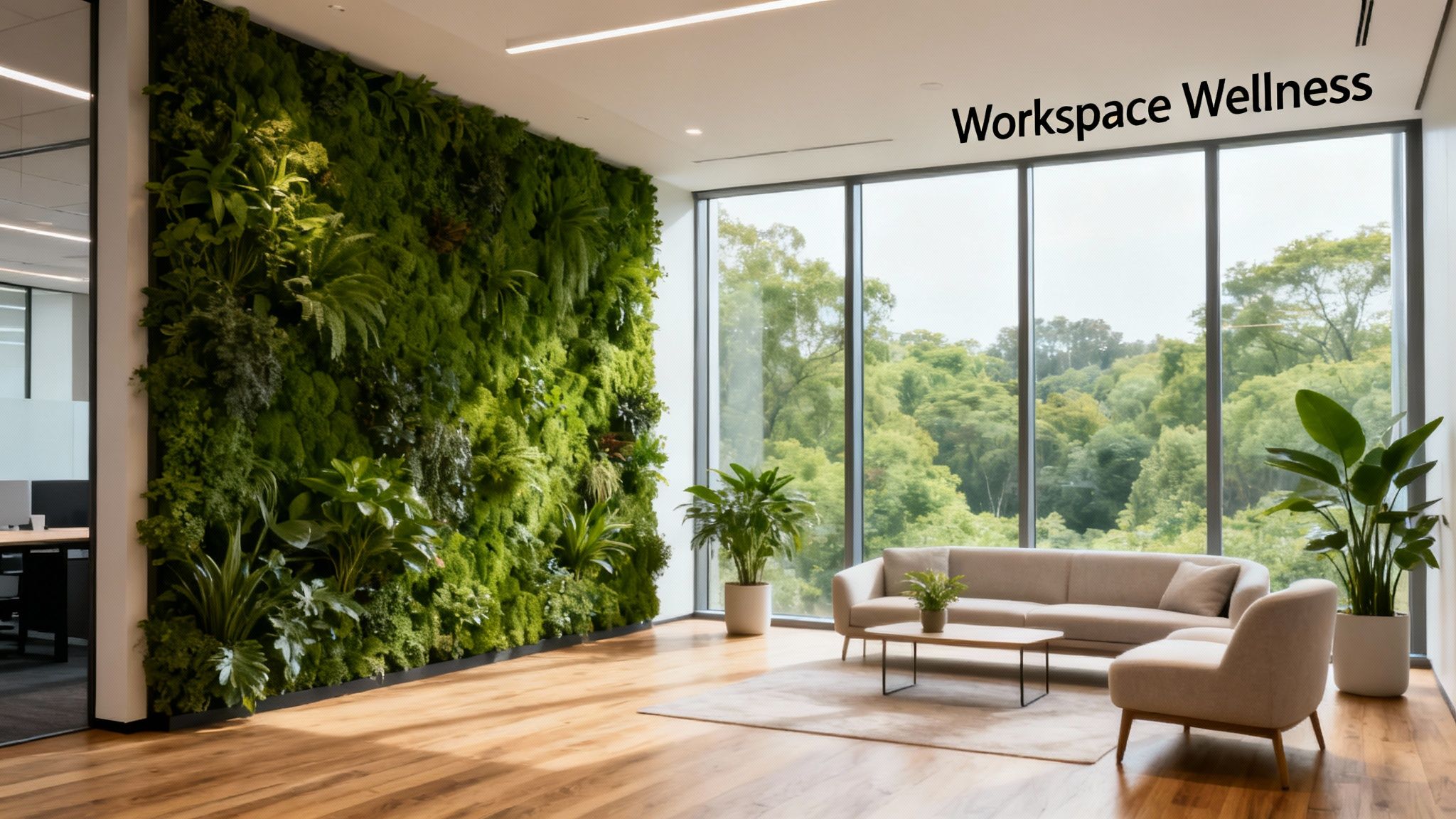 A modern office lounge with a large living plant wall, comfortable seating, and windows showing a lush forest, promoting workspace wellness.