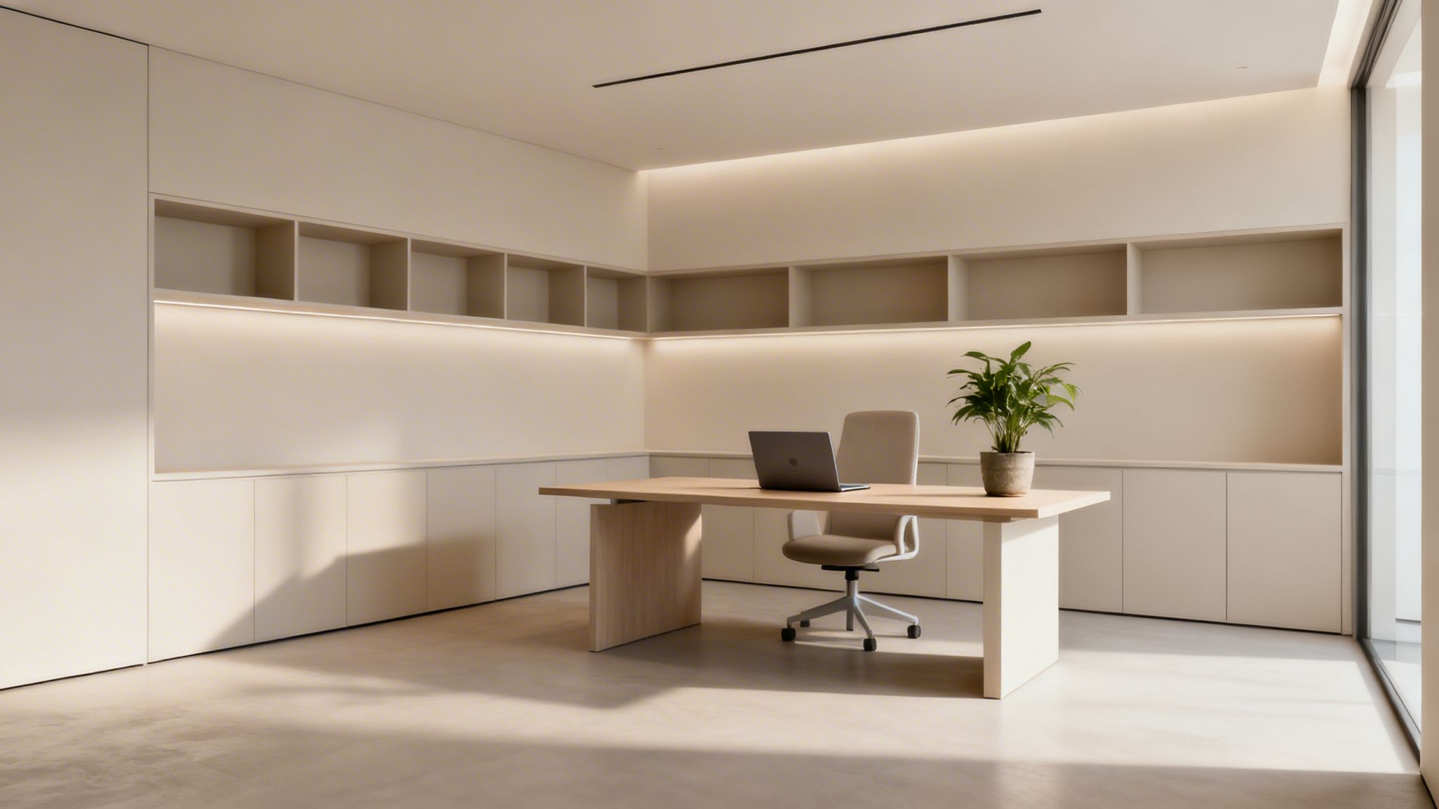 Modern office with a clean wooden desk, ergonomic chair, laptop, plant, and built-in storage.
