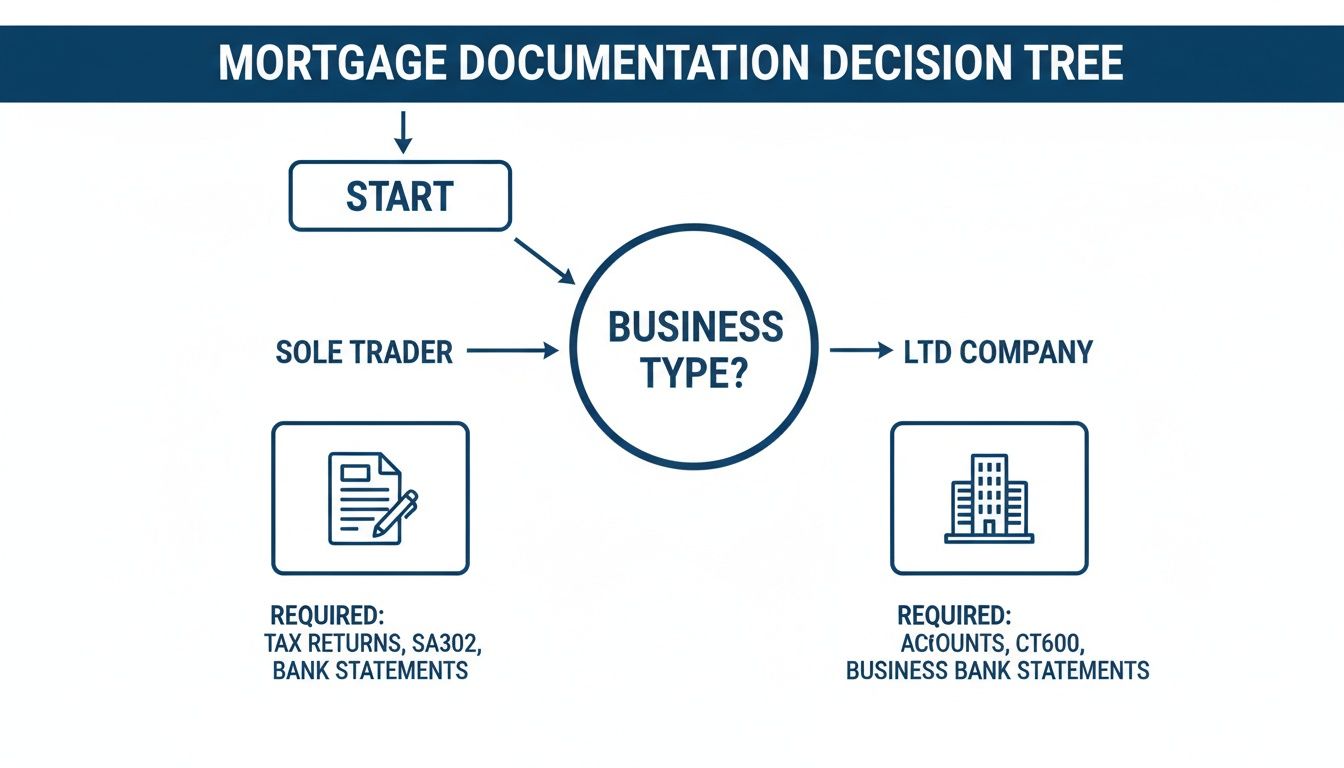 Decision tree illustrating mortgage documentation requirements for self-employed individuals and companies.