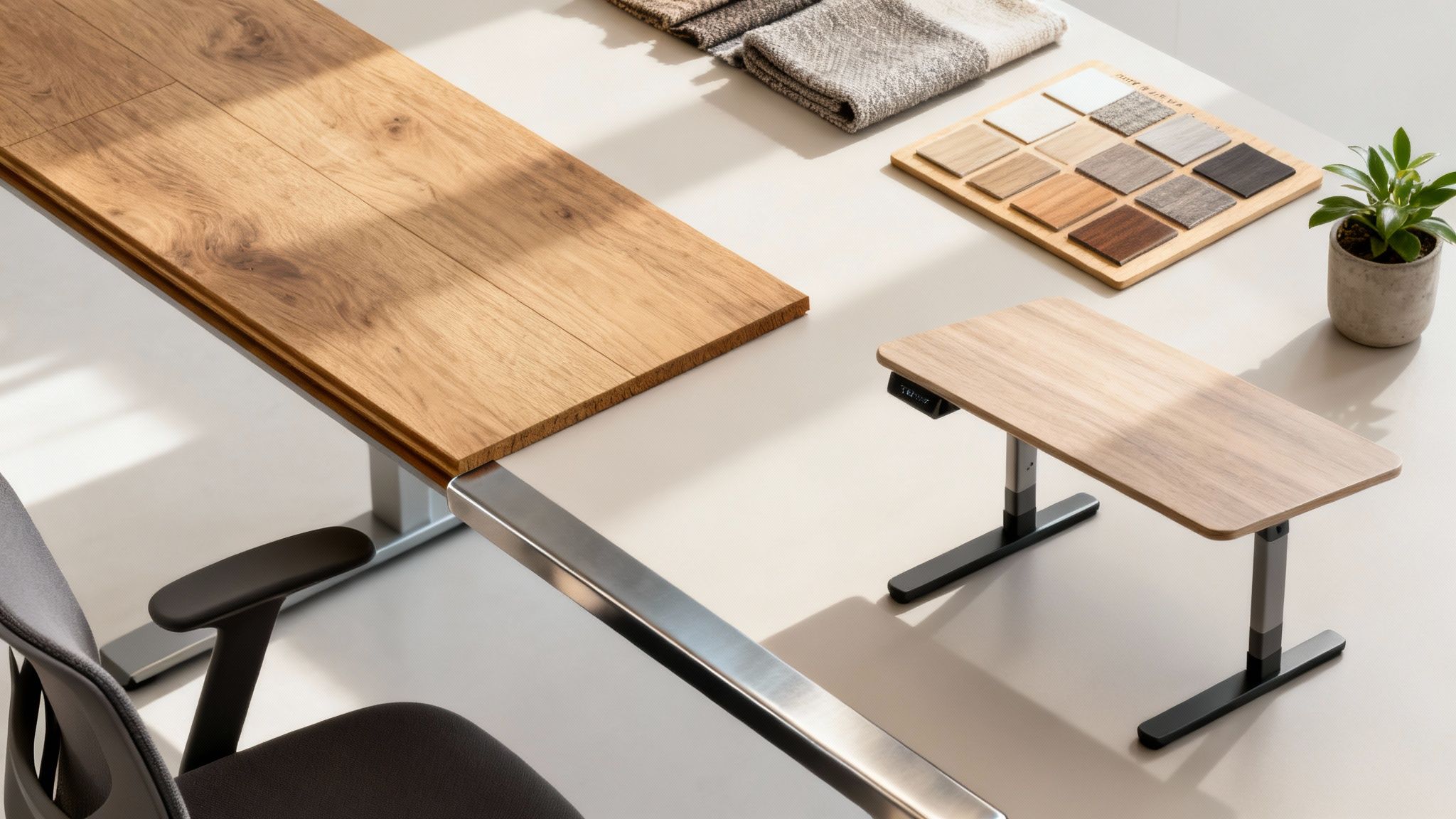 Modern office setup with a large wooden desk, a small adjustable desk, and design material samples.