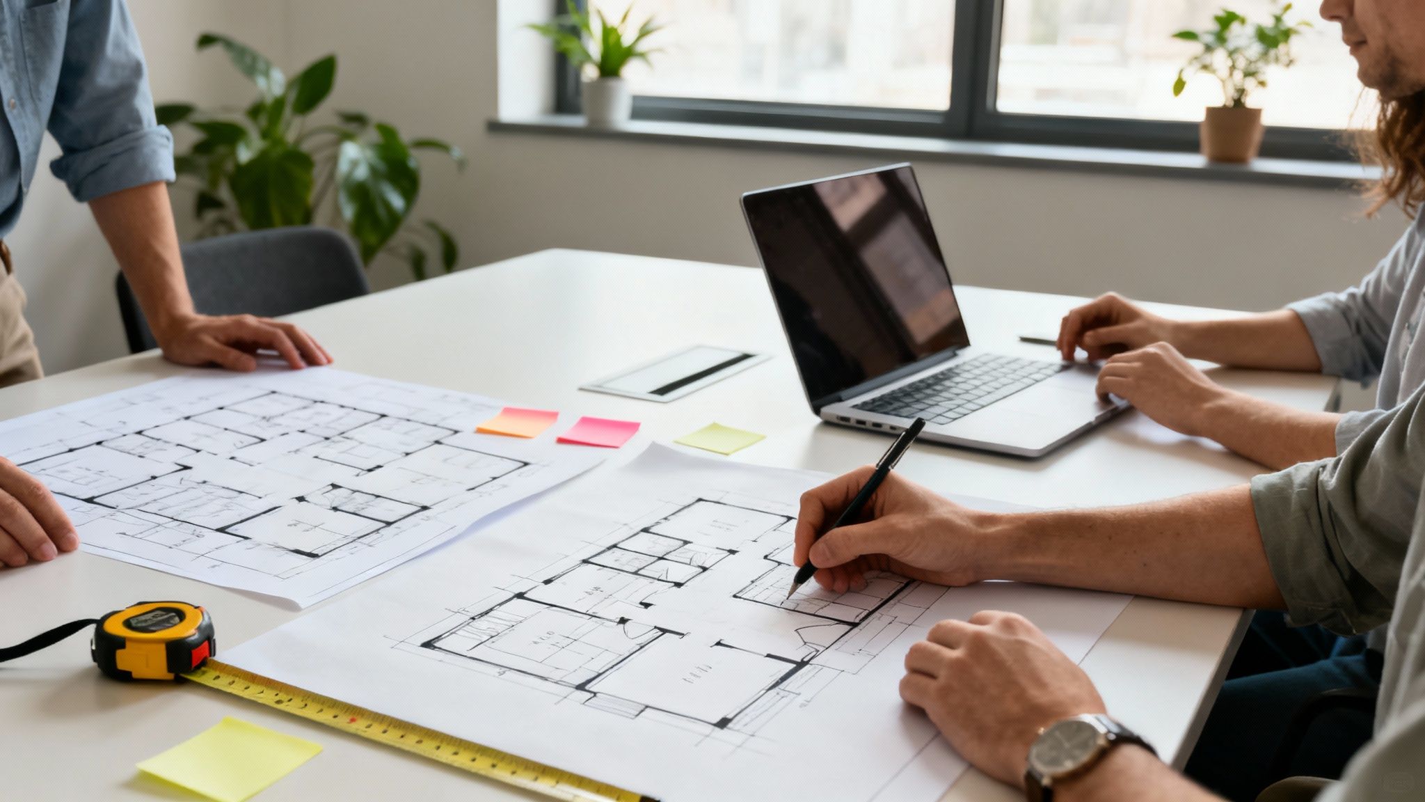 Architects collaborating in an office, reviewing blueprints and using a laptop at a white table.