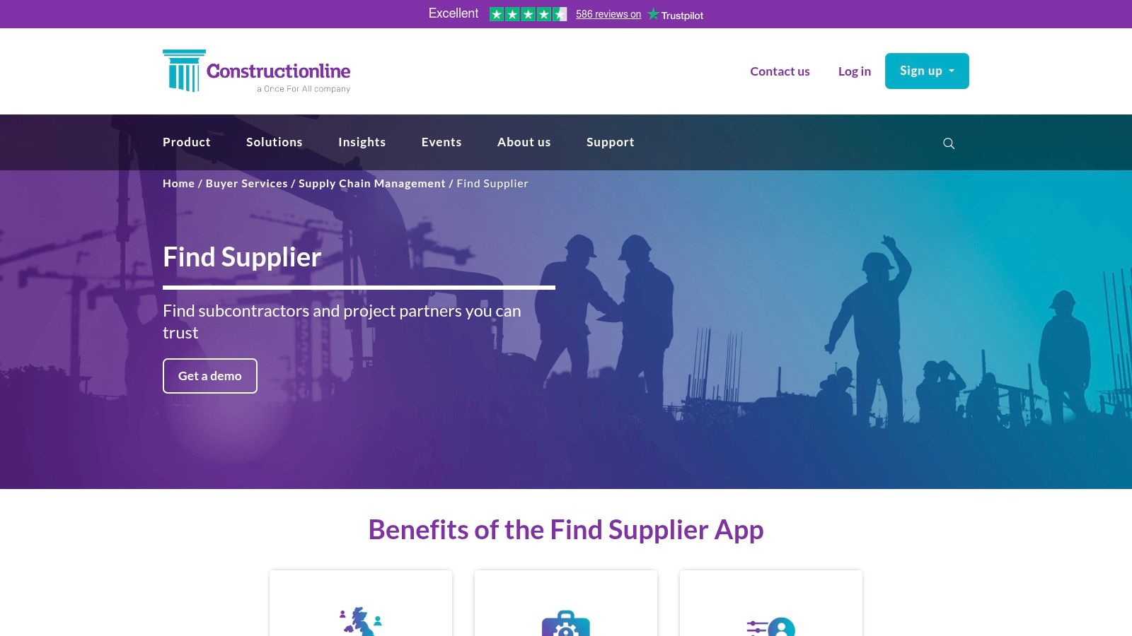 A screenshot of the Constructionline supplier search interface, showing filters for location and service category.