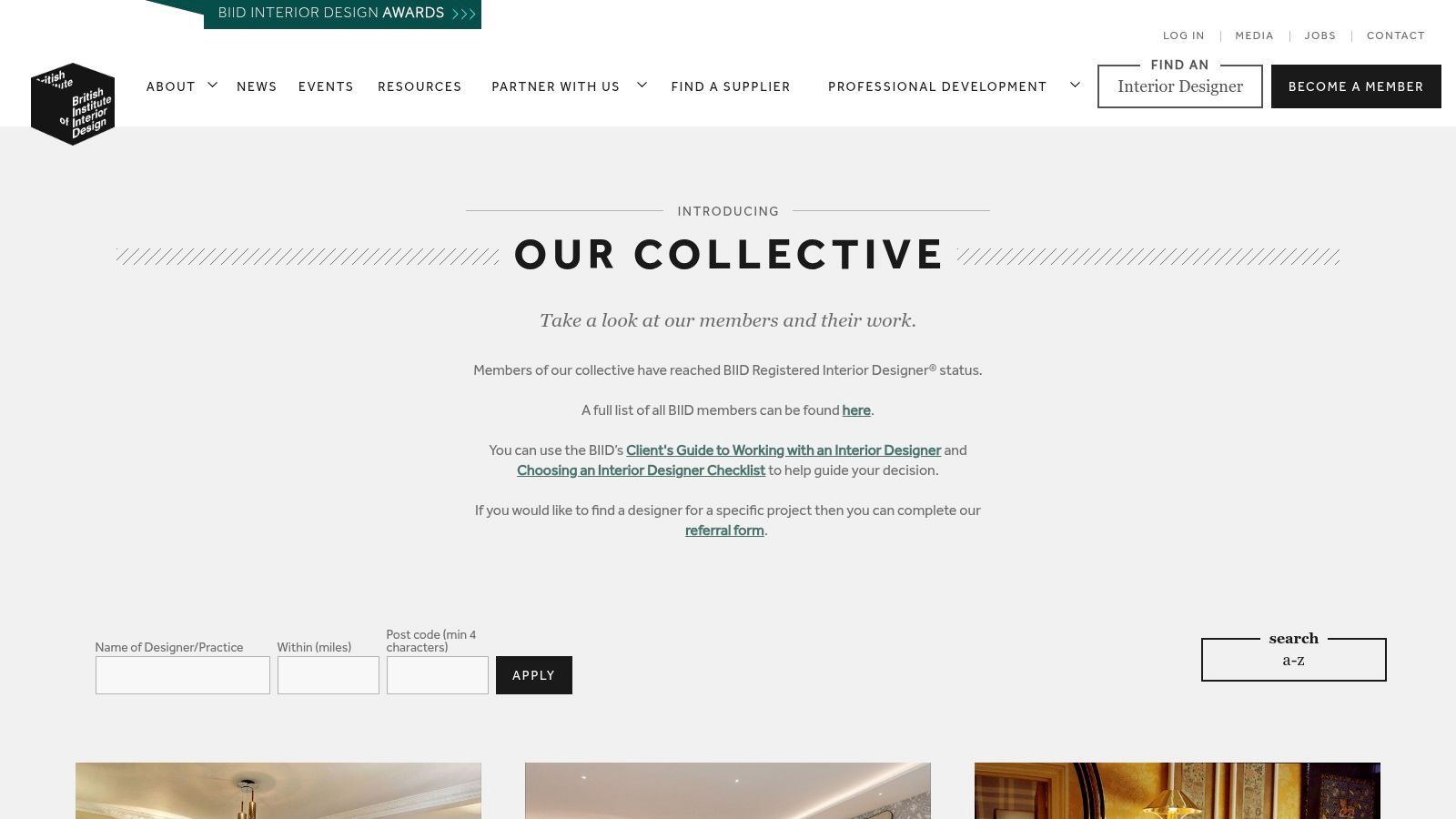 A screenshot of the BIID “Find an Interior Designer” directory homepage, showing search filters for finding a designer.