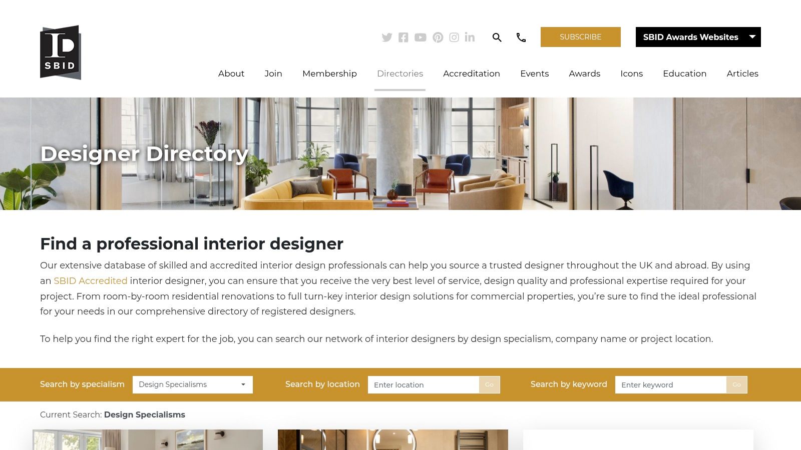 A screenshot of the SBID Designer Directory homepage, showing a search bar and featured designers.