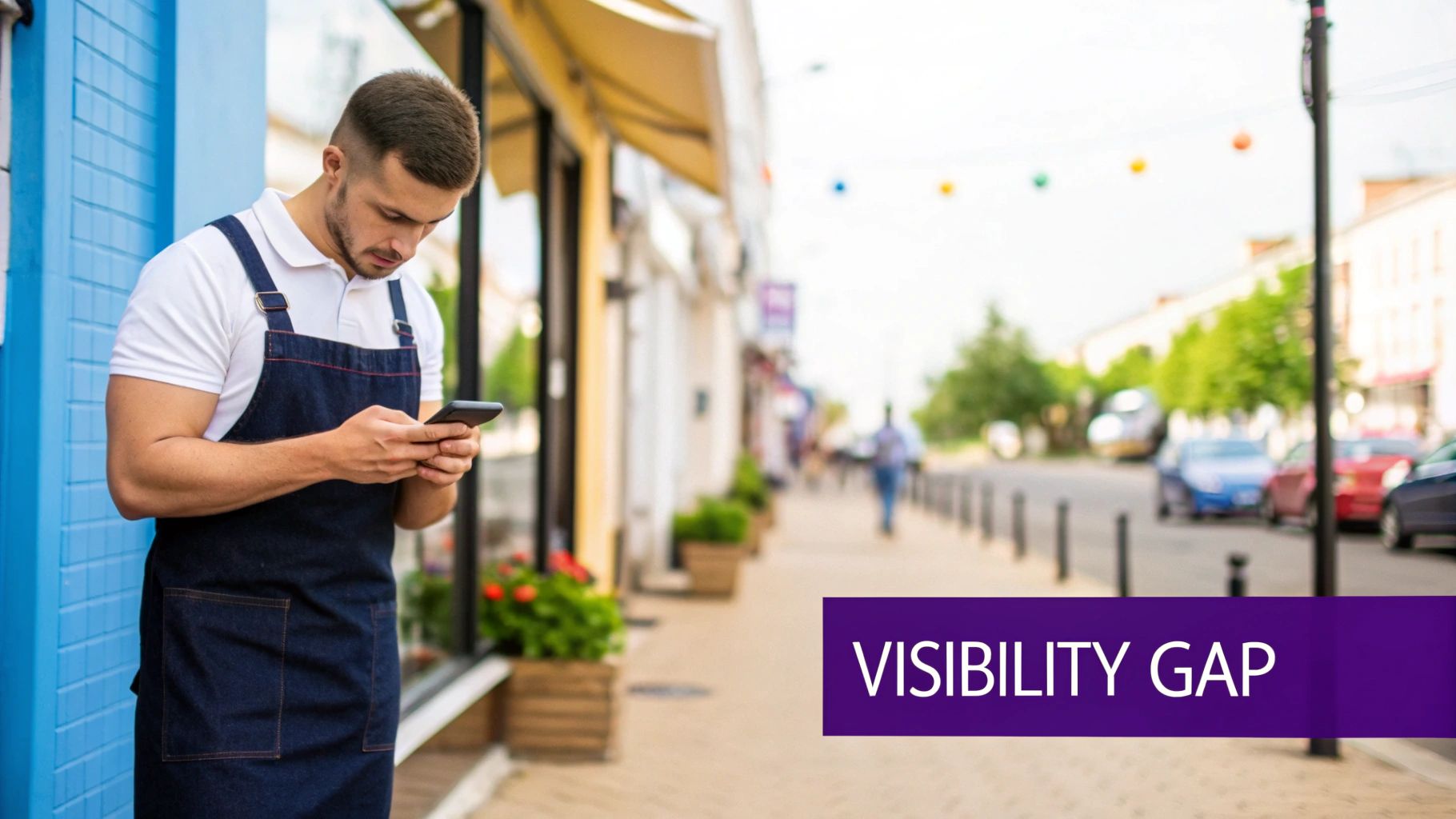 A small business owner in an apron uses his smartphone outside his shop, addressing a visibility gap.