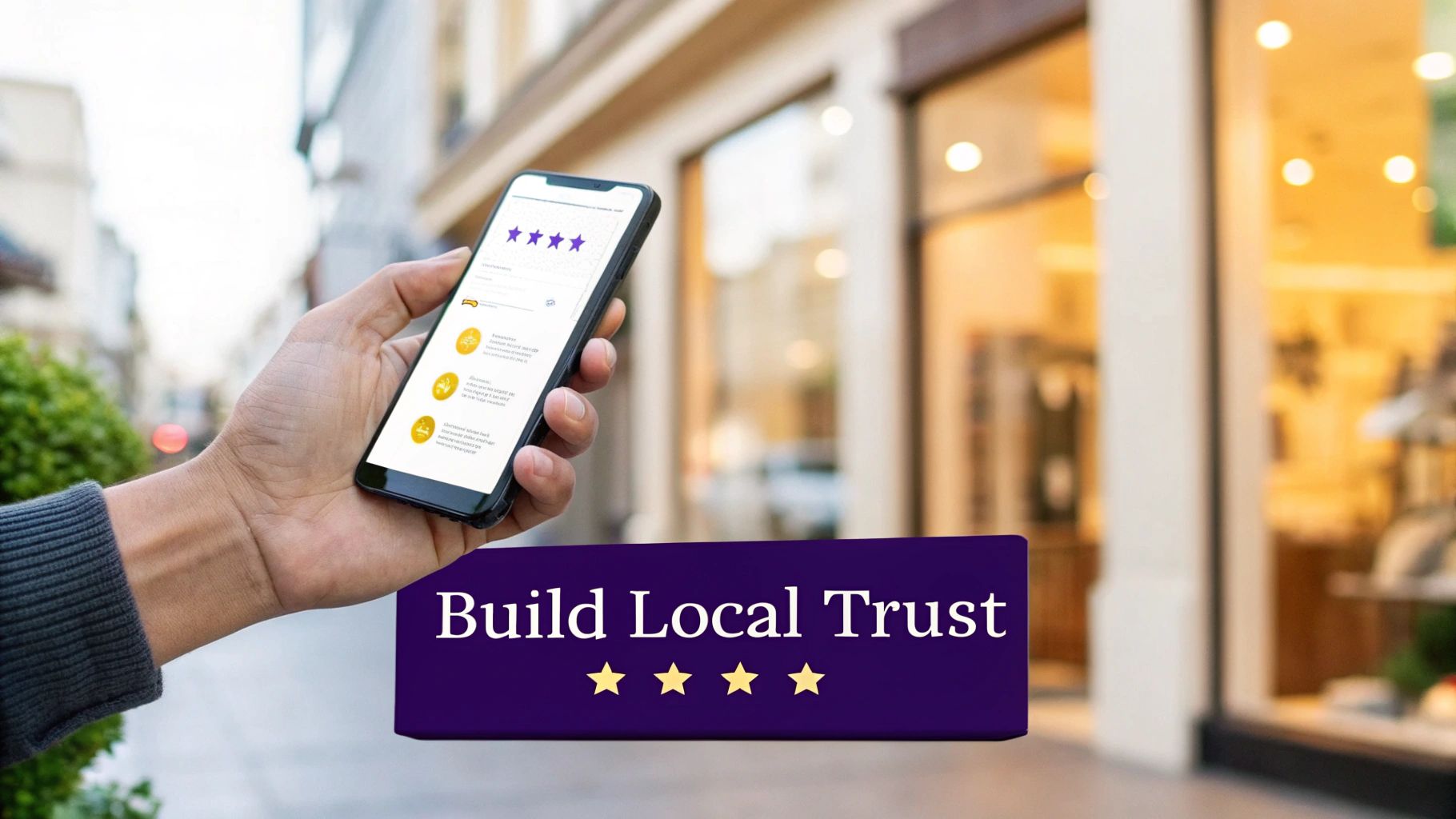 A hand holds a smartphone displaying customer reviews and star ratings, with a 'Build Local Trust' banner.