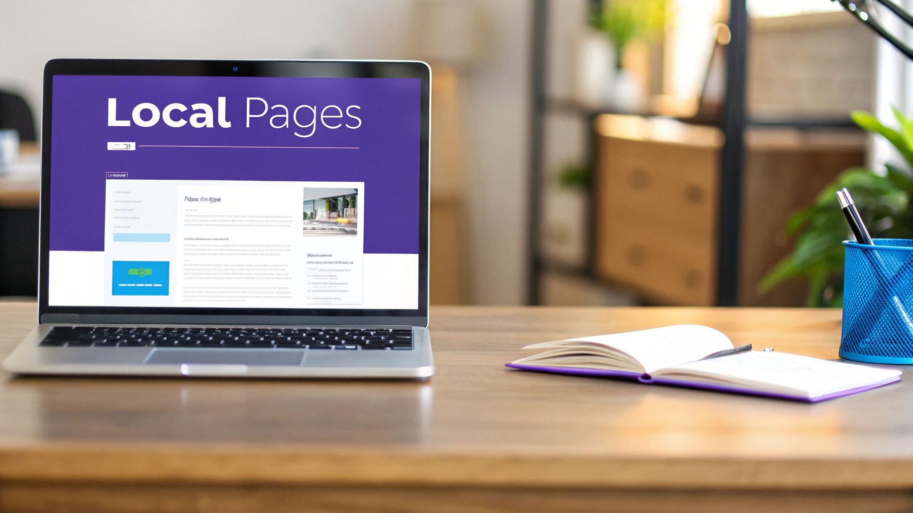 A laptop displays a website titled 'Local Pages', showing business listings on a wooden desk with a notebook.